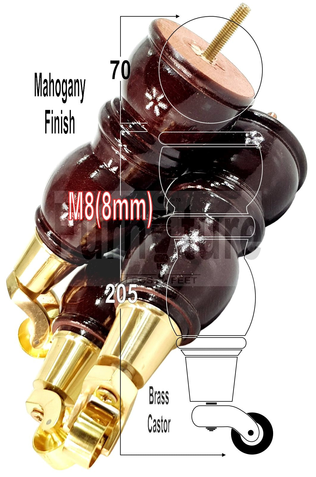 4 Turned Wood Furniture Feet With Castor 205mm High Legs Mahogany Finish M8 Sofas Chairs Stools Cabinets 8 Inches Tall