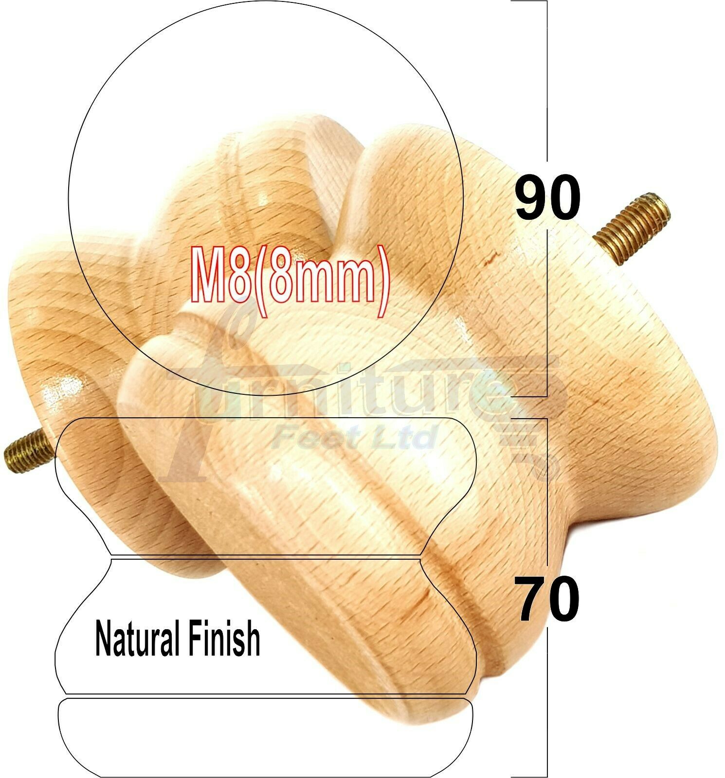 4x Turned Solid Wood Furniture Legs Replacement Bun Feet 70mm High 8mm Thread