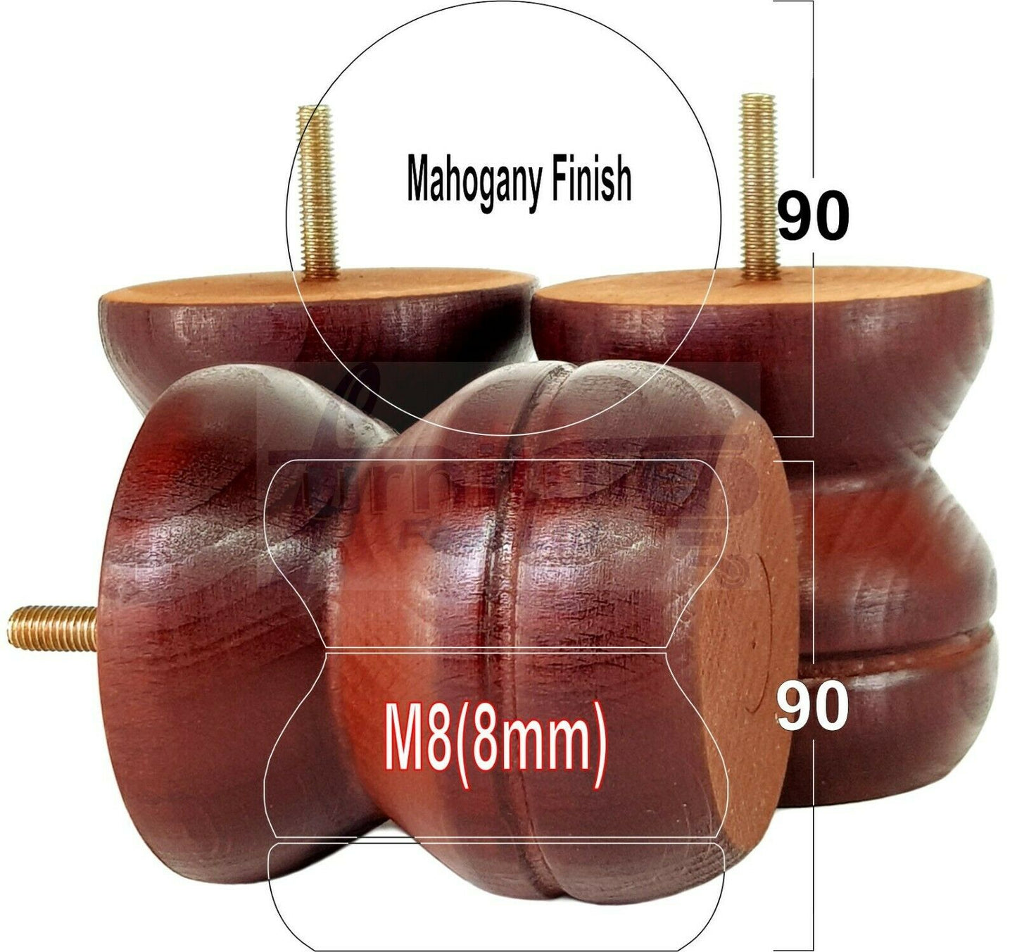 4x Turned Solid Wood Furniture Legs Replacement Bun Feet 90mm High 8mm Thread