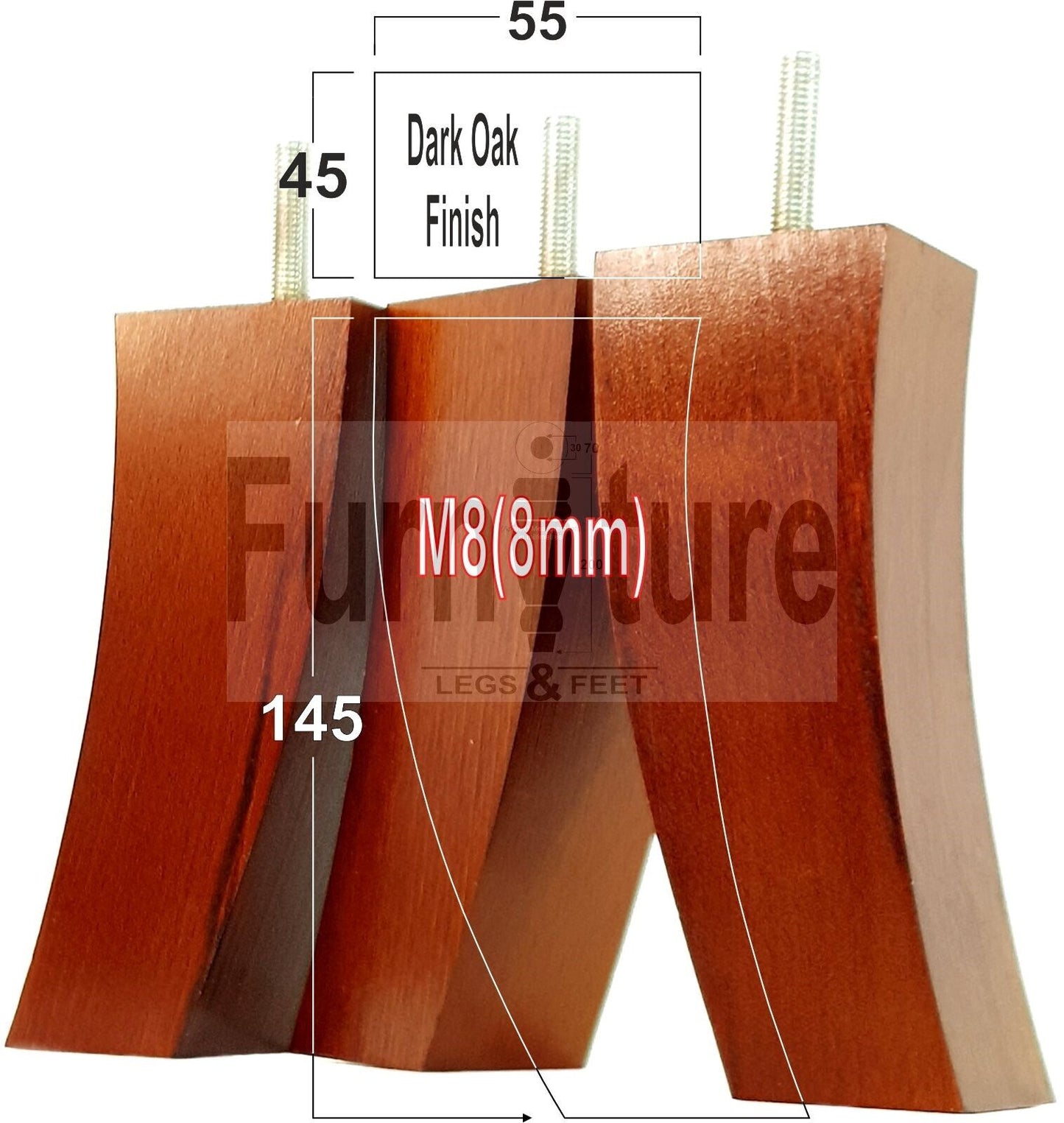 Set Of 4 Solid Wood Curved Furniture Feet Replacement Legs 145mm High M8(8mm)