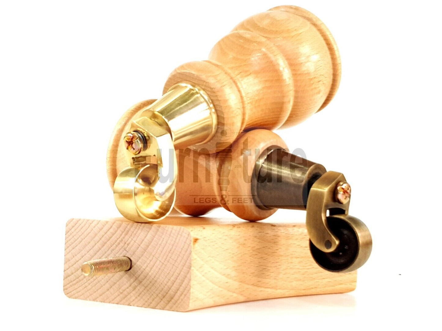 2 Wooden Castor Furniture Sofa Legs & 2 Curved Back Feet  Natural M8 Chair Settee Feet 160mm High