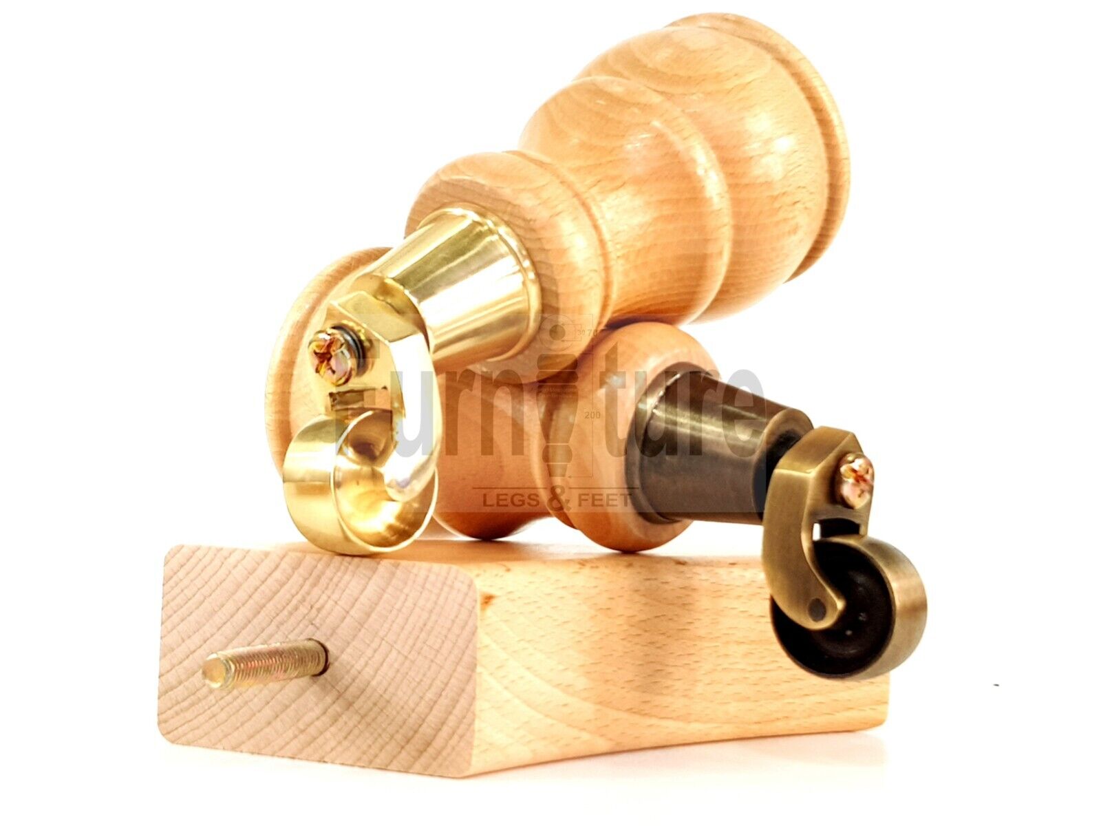 2 Wooden Castor Furniture Sofa Legs & 2 Curved Back Feet  Natural M8 Chair Settee Feet 160mm High