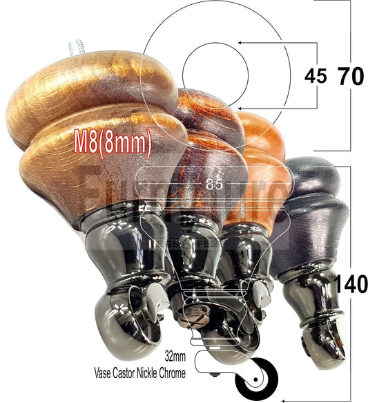 Set Of 4 Turned Furniture Wood Feet With Black Castors 140mm Sofas Chairs Settee Cabinets Beds M8(8mm)