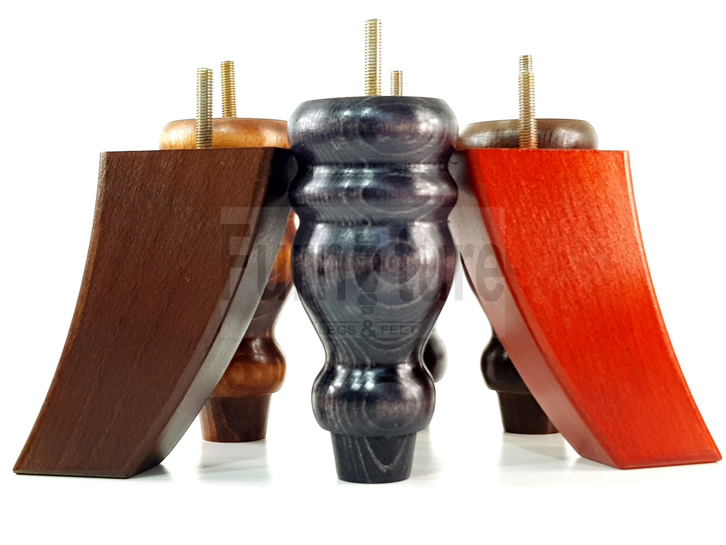 2x Turned Wood Furniture Feet 155mm and 2 Curved Back Legs Sofas Chairs Stools Cabinets Beds M10 Thread 6 Inches