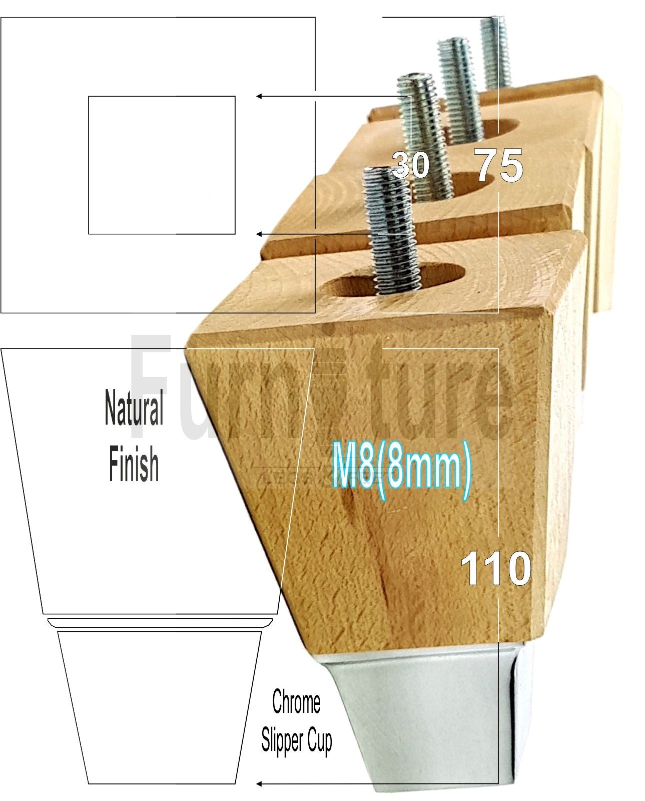 4x Block Wood With A Chrome Slipper Cup Furniture Chair Settee Legs M8 Sofa Feet 110mm