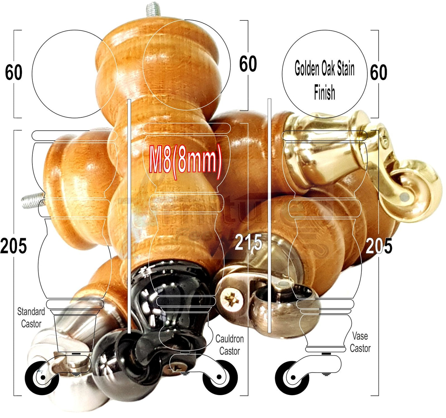Solid Wood Furniture Feet With Castors Set of 4 Legs 205mm High For Sofas Chairs Stools Cabinets & Beds M8