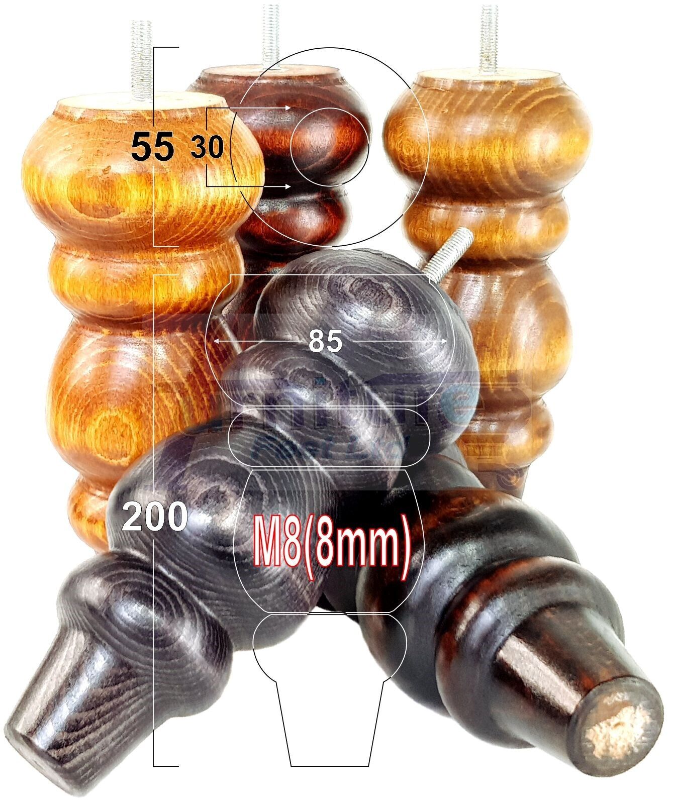 Solid Wood Furniture Feet Replacement Turned Legs 200mm High Chairs Stools Sofa's Beds Settee Cabinets M8 Various Colours Set of 4