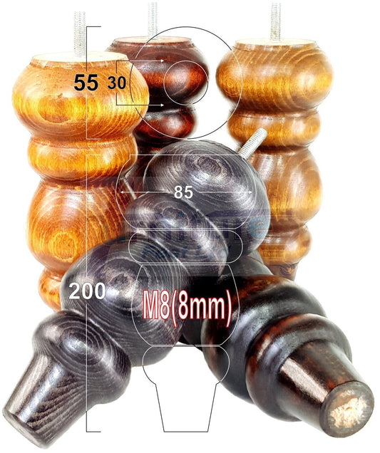 Solid Wood Furniture Feet Replacement Turned Legs 200mm High Chairs Stools Sofa's Beds Settee Cabinets M8 Various Colours Set of 4