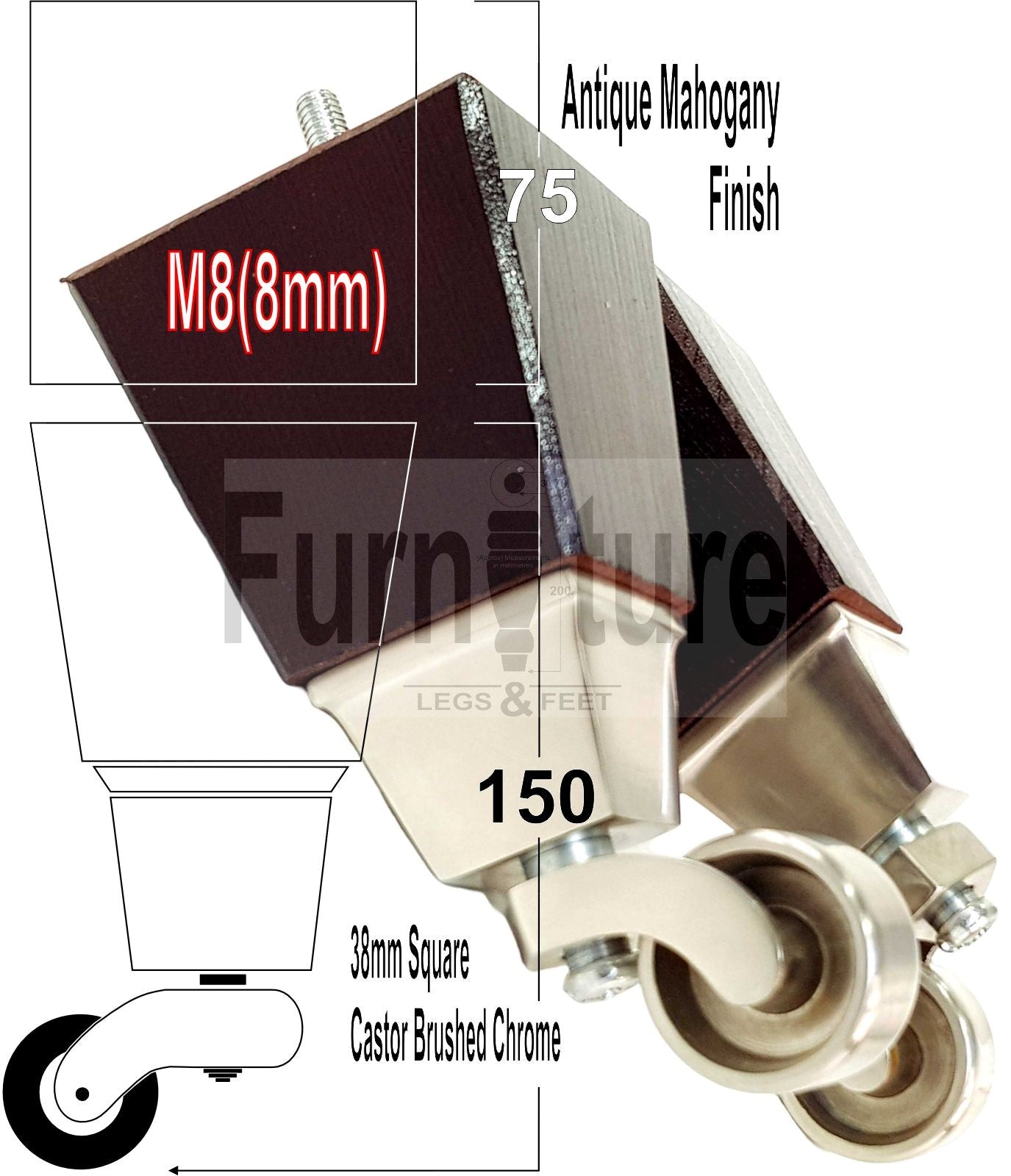 4x Block Wood Furniture Legs With Castor 8mm Thread For Chairs Settees Sofa 150mm High Mahogany