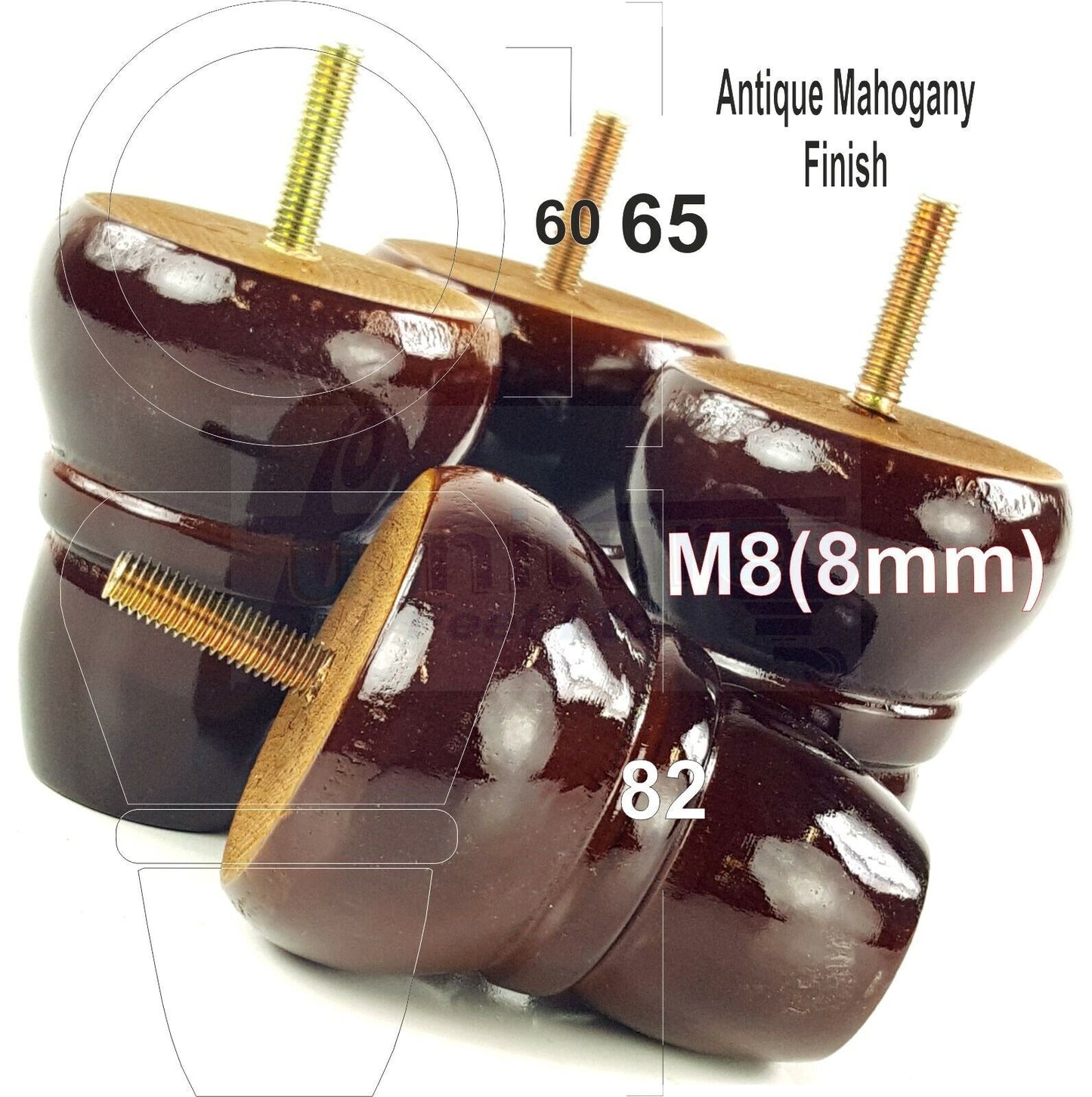 4x Turned Wood Repacement Furniture Legs M8 Sofa Chair Settee Feet 82mm