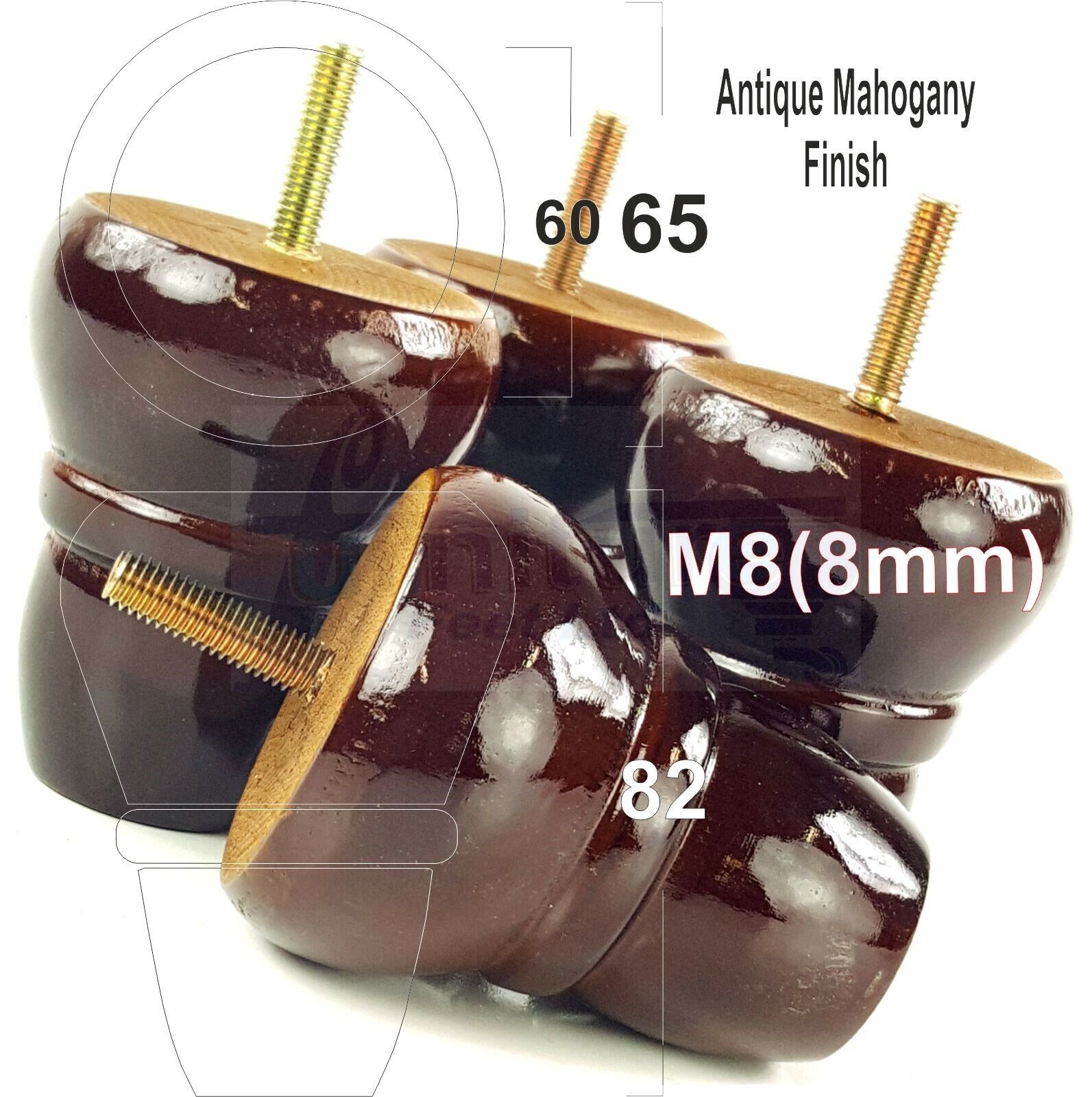 4x Turned Wood Repacement Furniture Legs M8 Sofa Chair Settee Feet 82mm