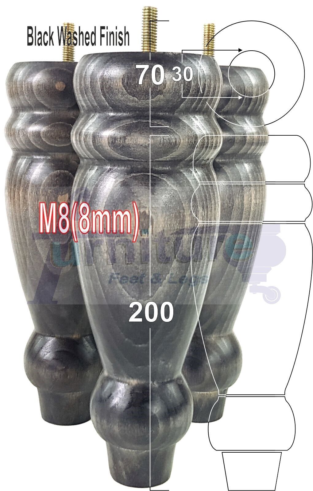 Set Of 4 Turned Furniture Legs Replacement Sofa Feet 200mm High M8 Thread