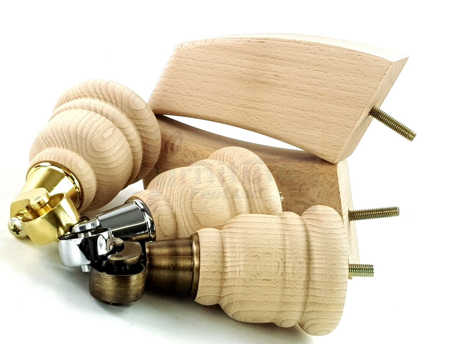 Turned Furniture Feet 2 With Castors 155mm and 2 Curved Back Legs Raw Wood for Sofas Chairs Stools Cabinets Beds M8 6 Inches