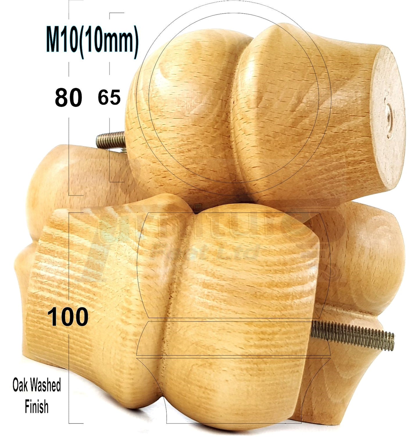 Set Of 4 Solid Wood Turned Furniture Legs Replacement Bun Feet 100mm High 10mm Thread