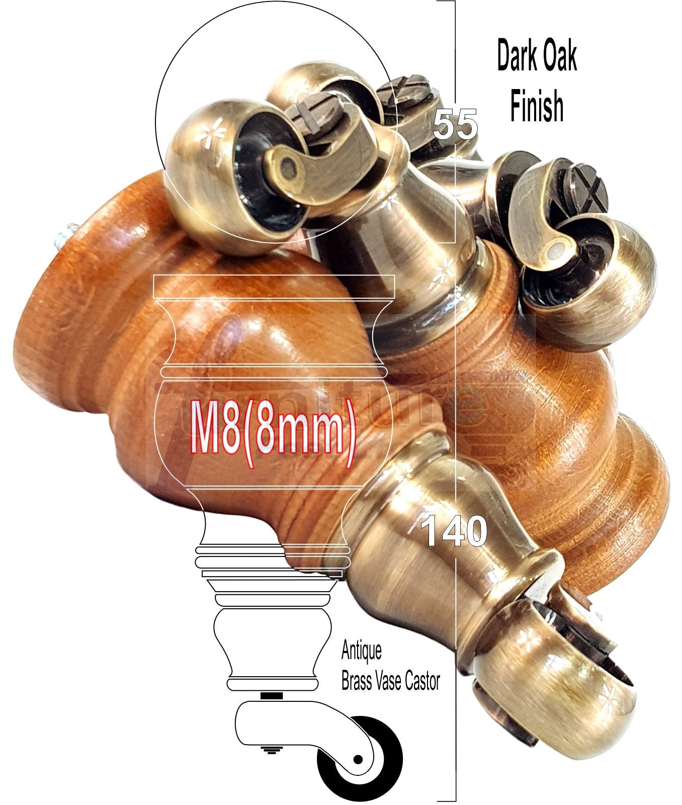 Set Of 4 Turned Wood Furniture Legs With Antique Castor 140mm High M8(8mm) For Chairs Settees & Cabinets