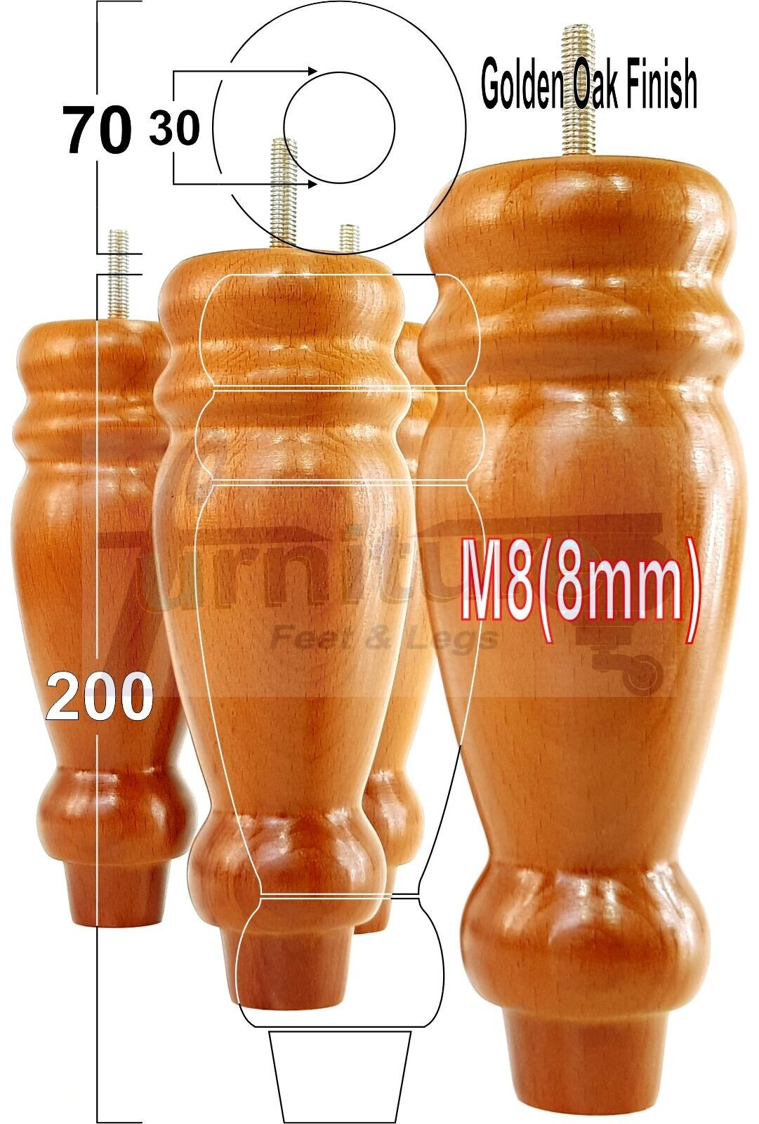 Set Of 4 Turned Furniture Legs Replacement Sofa Feet 200mm High M8 Thread