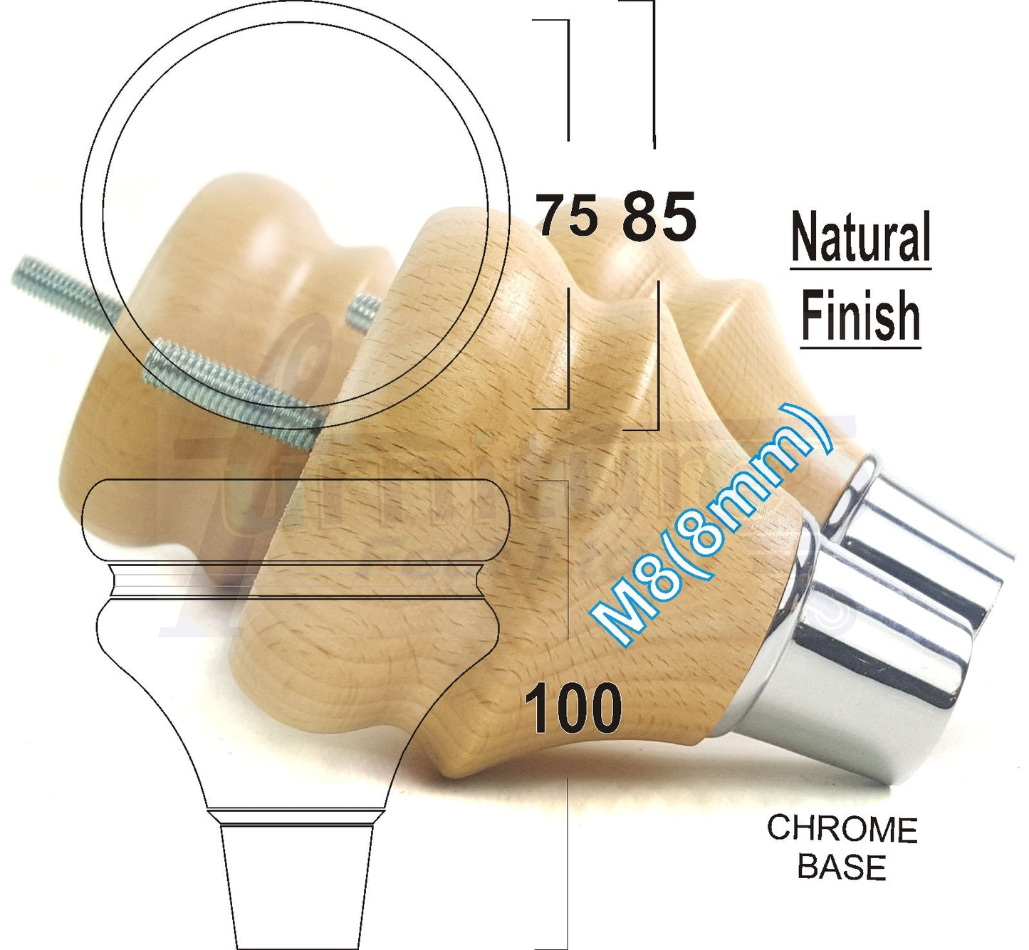 4x Turned Wood Furniture Feet M8(8mm) With A Chrome Slipper Cup Chair Sofa Settee Legs 100mm