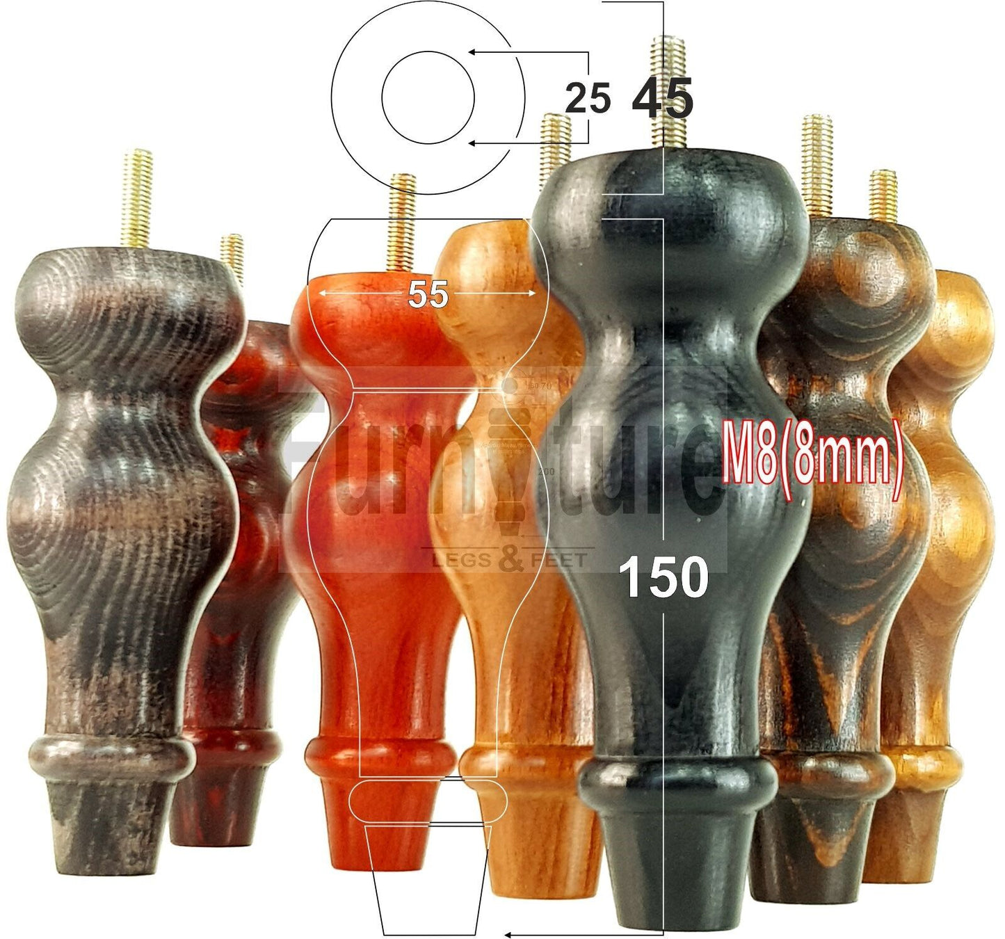 Set Of 4 Solid Wood Turned Furniture Feet Replacement Legs 150mm High 8mm Thread