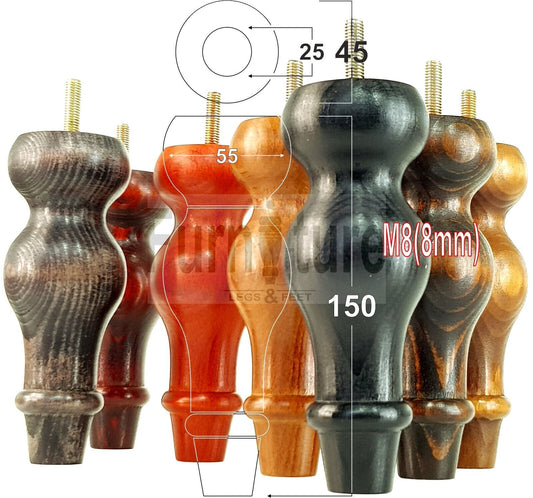 Set Of 4 Solid Wood Turned Furniture Feet Replacement Legs 150mm High 8mm Thread
