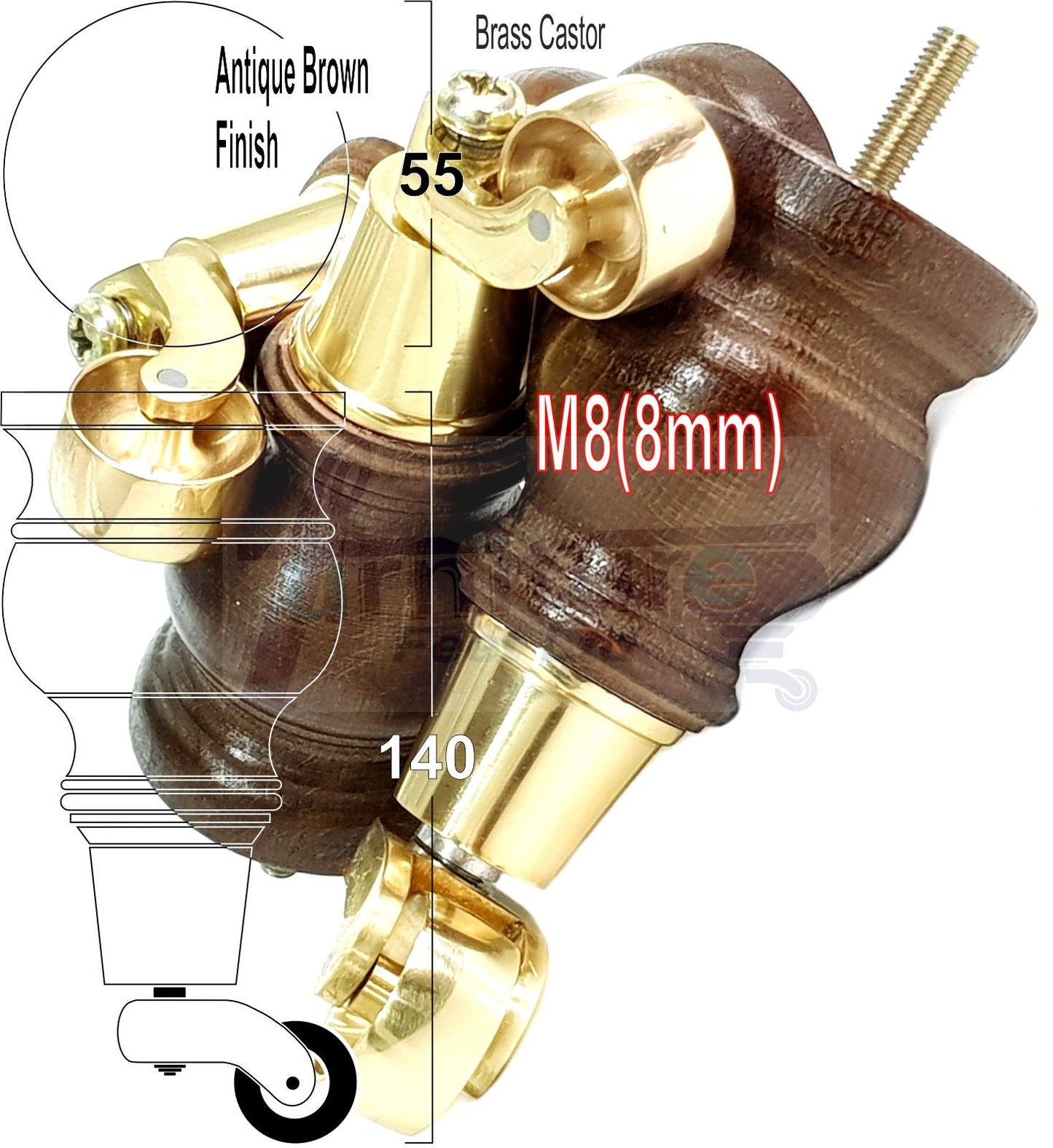 4x Turned Wood Furniture Feet With Brass Castors M8 Chair Sofa Settee Legs 140mm