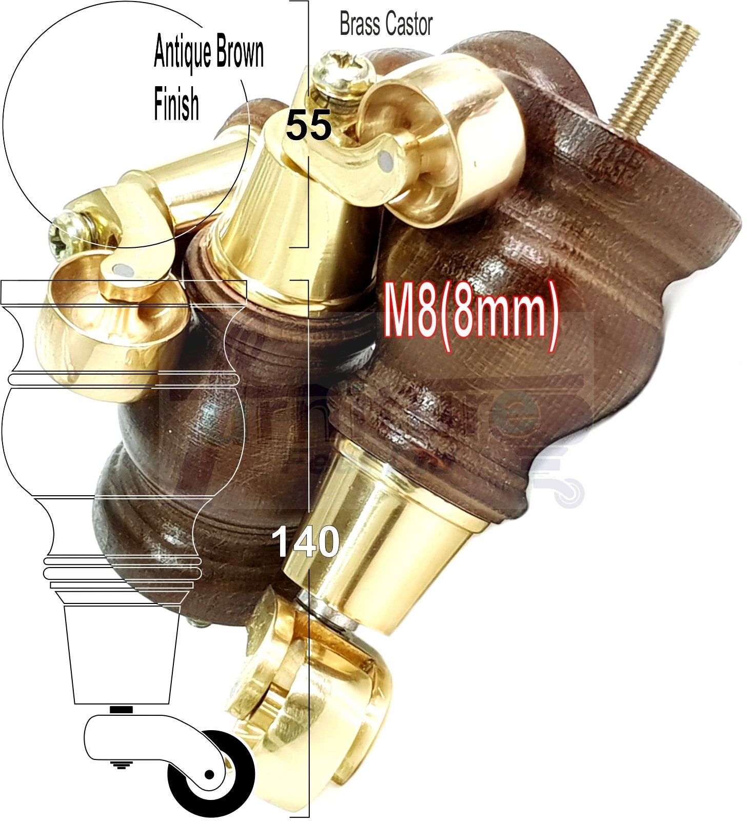 4x Turned Wood Furniture Feet With Brass Castors M8 Chair Sofa Settee Legs 140mm