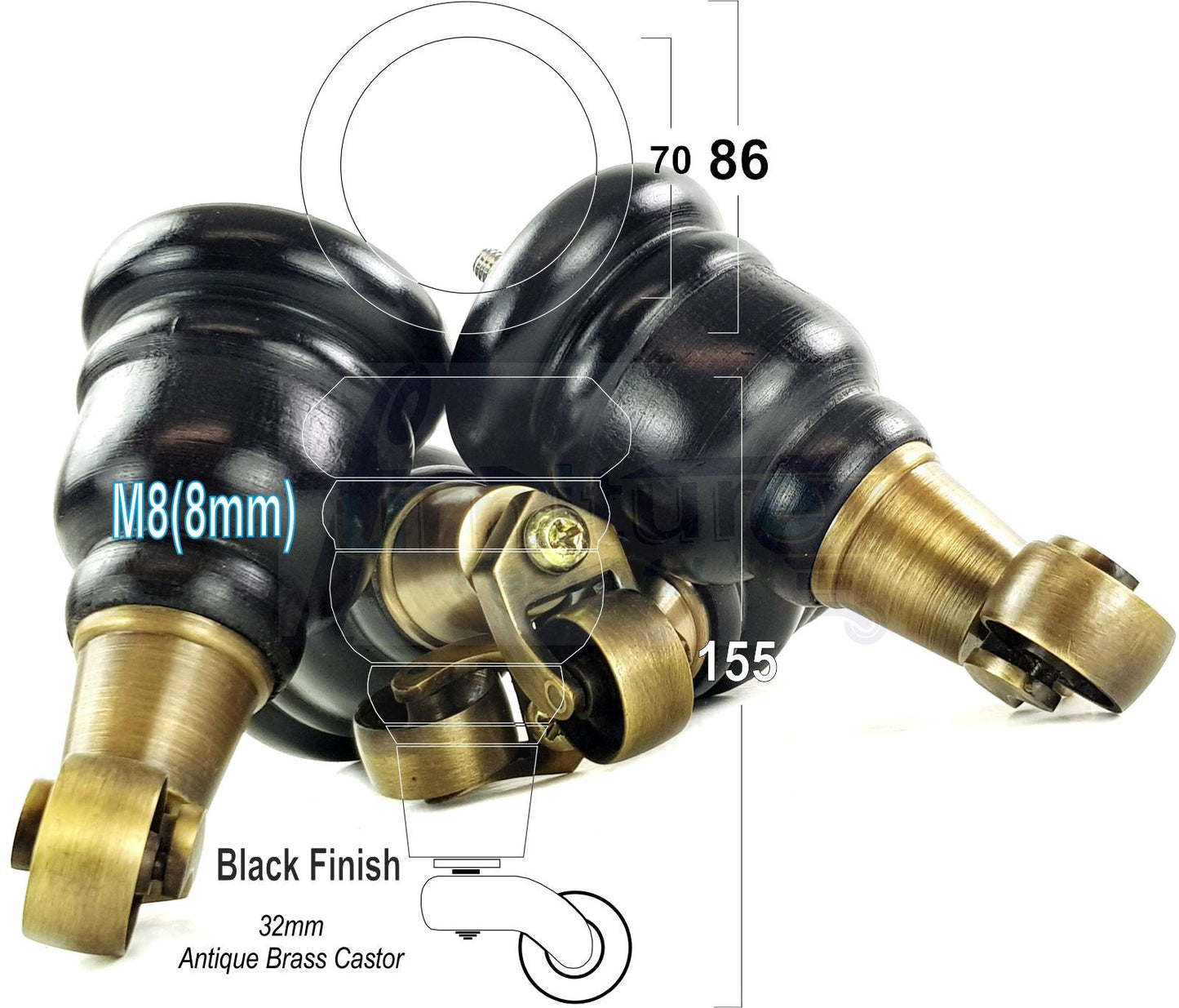 4 Turned Wood Furniture Feet With Antique Brass Castors 155mm Legs Sofas Chairs Stools Cabinets Beds M8 6 Inches