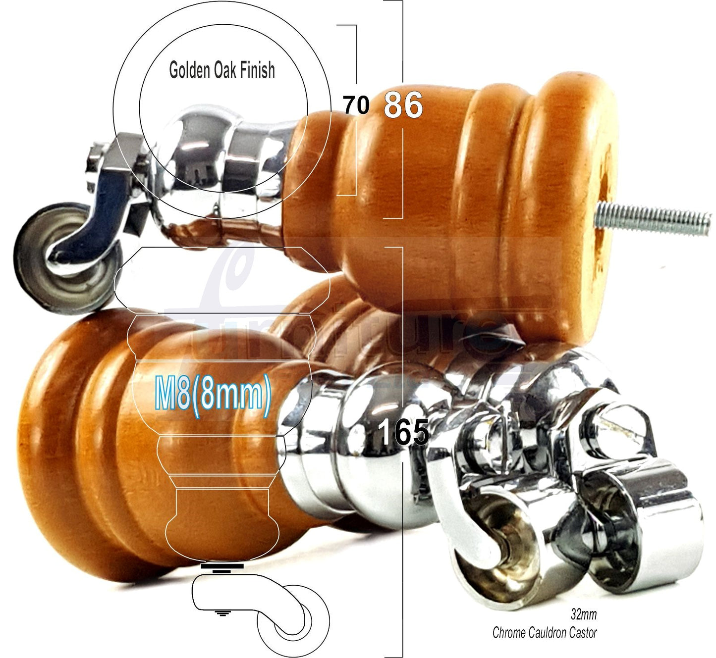 4 Turned Wood Furniture Feet With Chrome Cauldron Castors 155mm Legs Sofas Chairs Stools Cabinets Beds M8 6 Inches