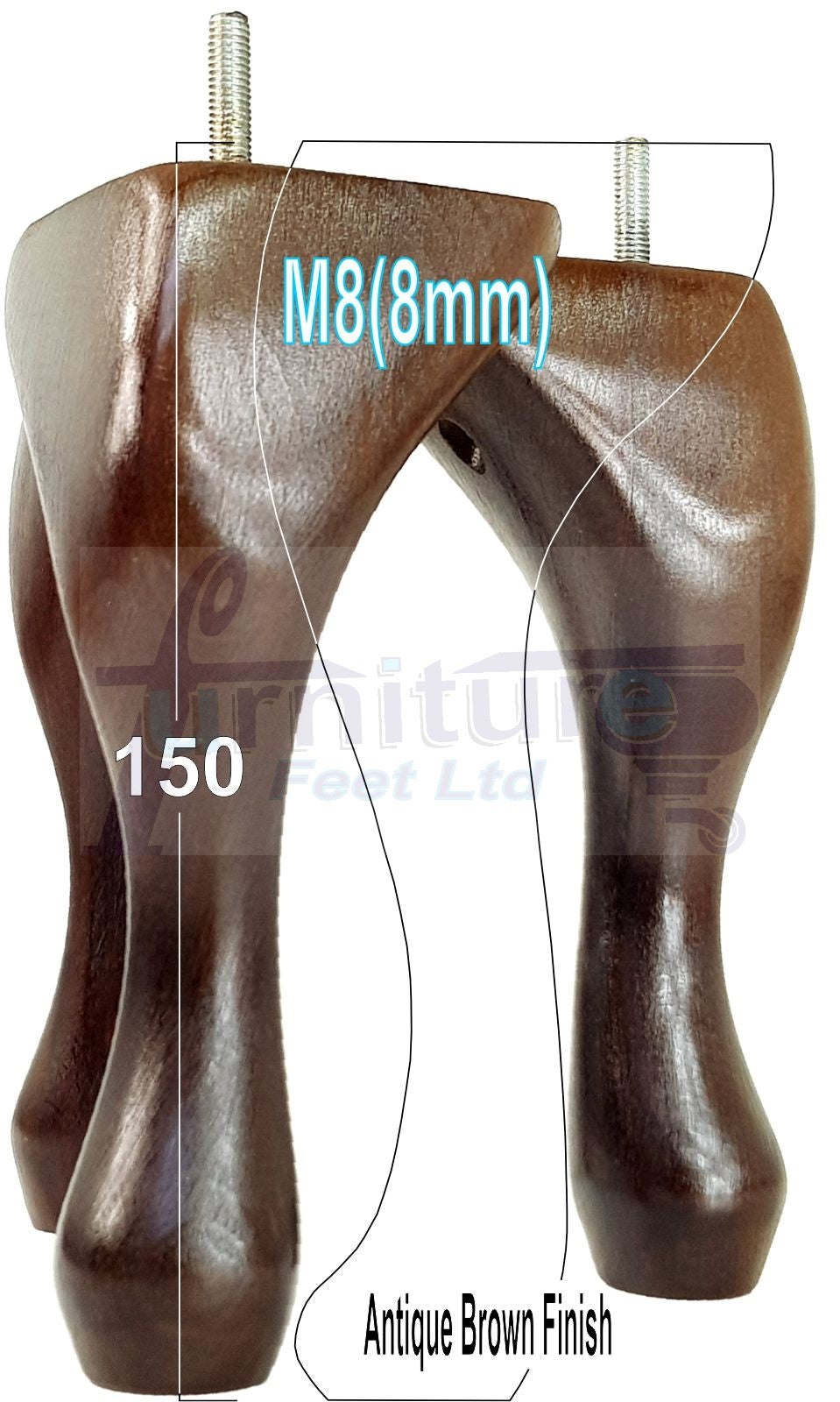 4 Solid Wood Furniture Feet 150mm High Queen Anne Replacement Legs M8 (8mm) 6 Inches Chair Stools Bed Sofa Georgian Style