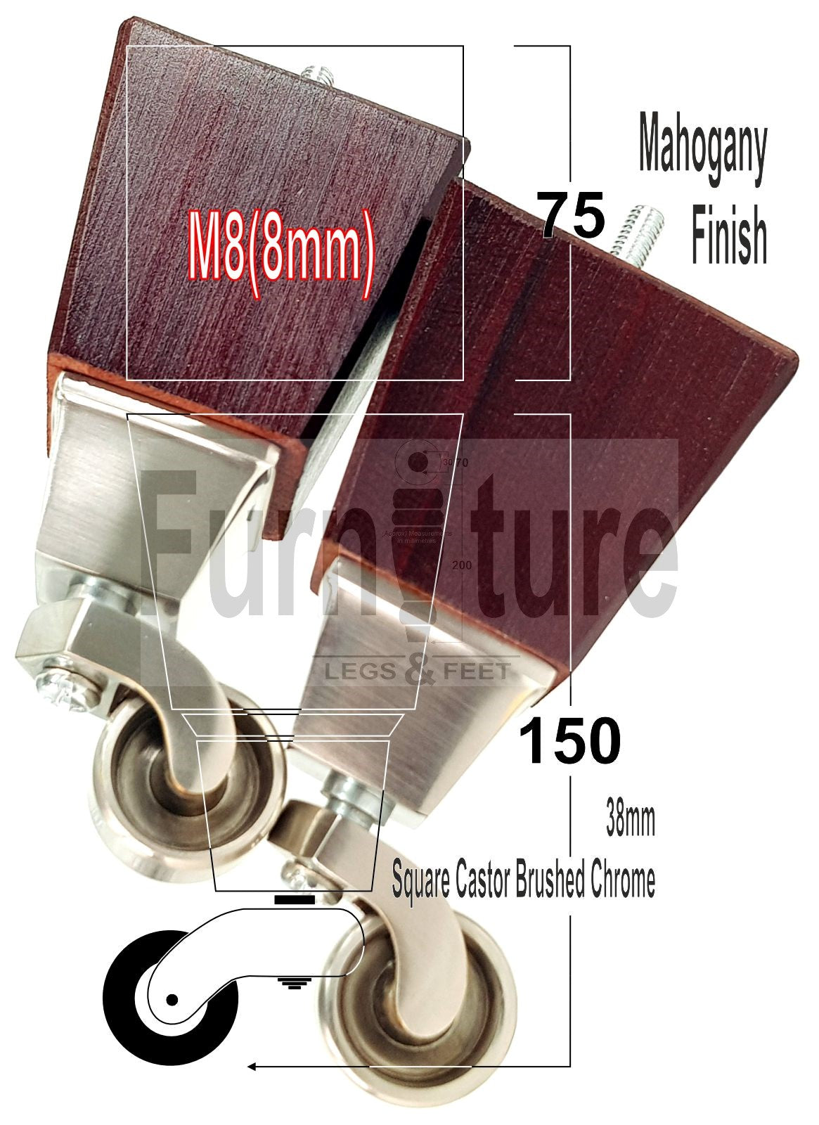 4x Block Wood With Castor Furniture Legs 8mm Thread For Chairs Settees Sofa 150mm