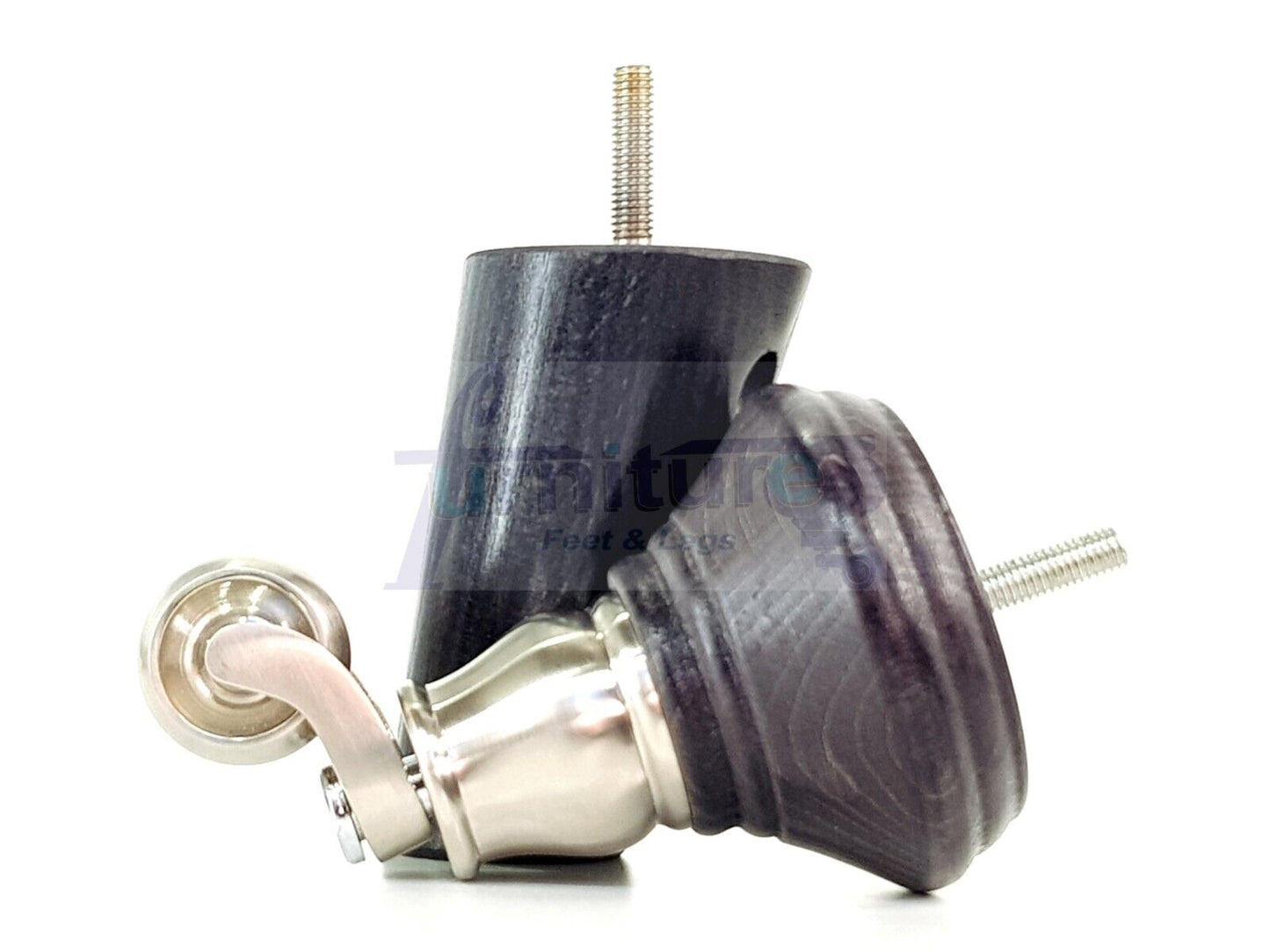 2 Black Stain Wood Furniture Sofa Legs With Castor 125mm & 2 Angled Back Feet Chair Settee 100mm High M8