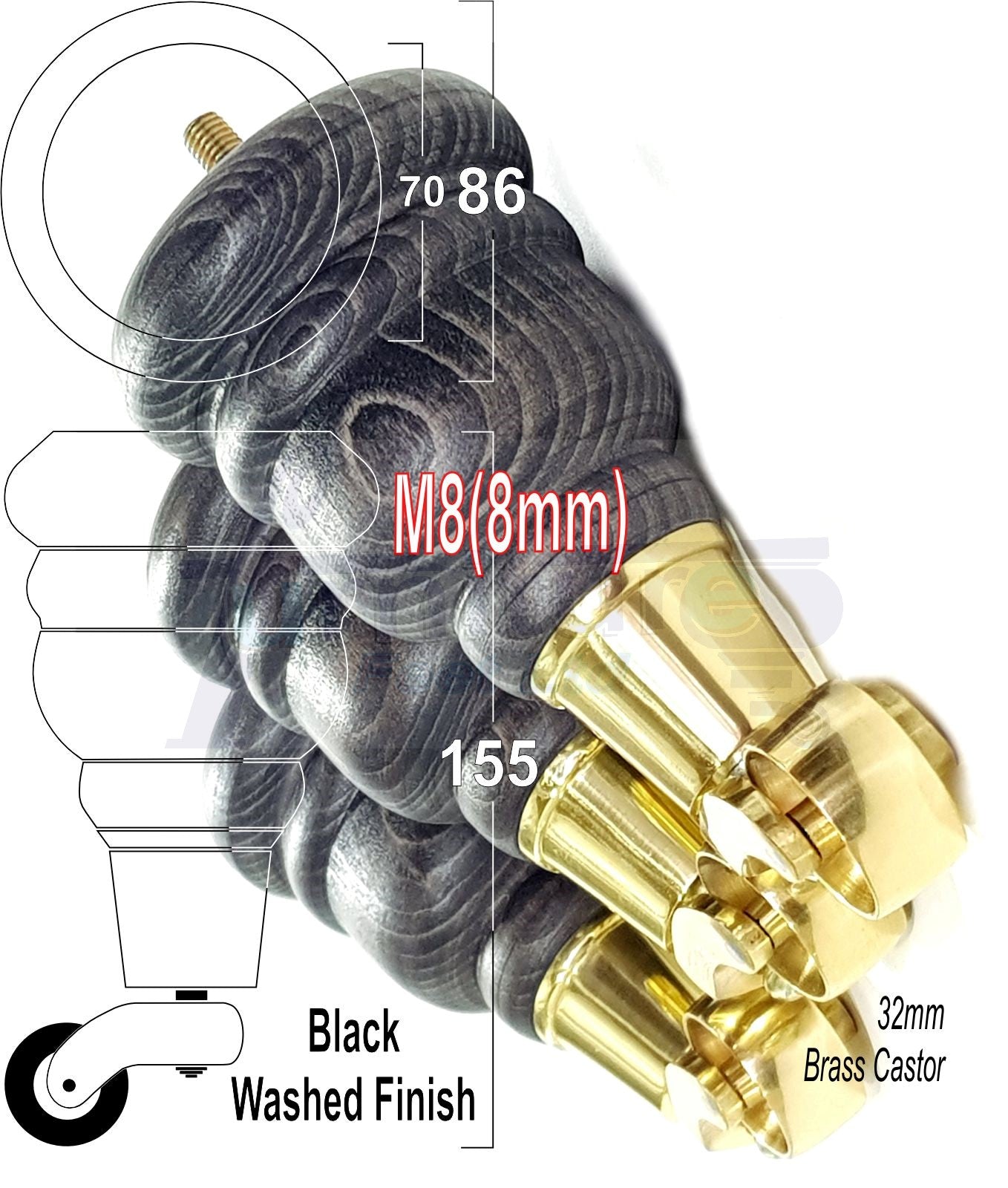 4 Turned Wood Furniture Feet With Brass Castors 155mm Legs Sofas Chairs Stools Cabinets Beds M8 6 Inches