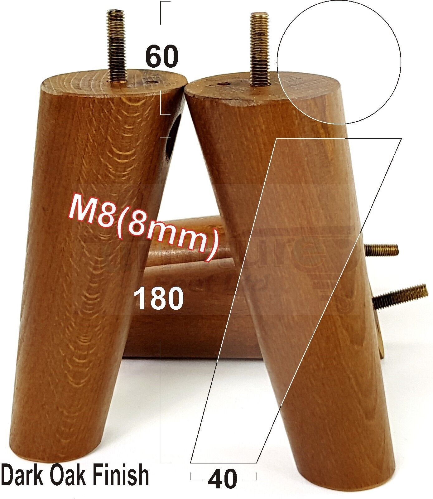 4 Solid Wood Turned Furniture Feet Replacement Mid Centry Angled Retro Legs 180mm High M8 Sofa Chairs Stools Cabinets Beds
