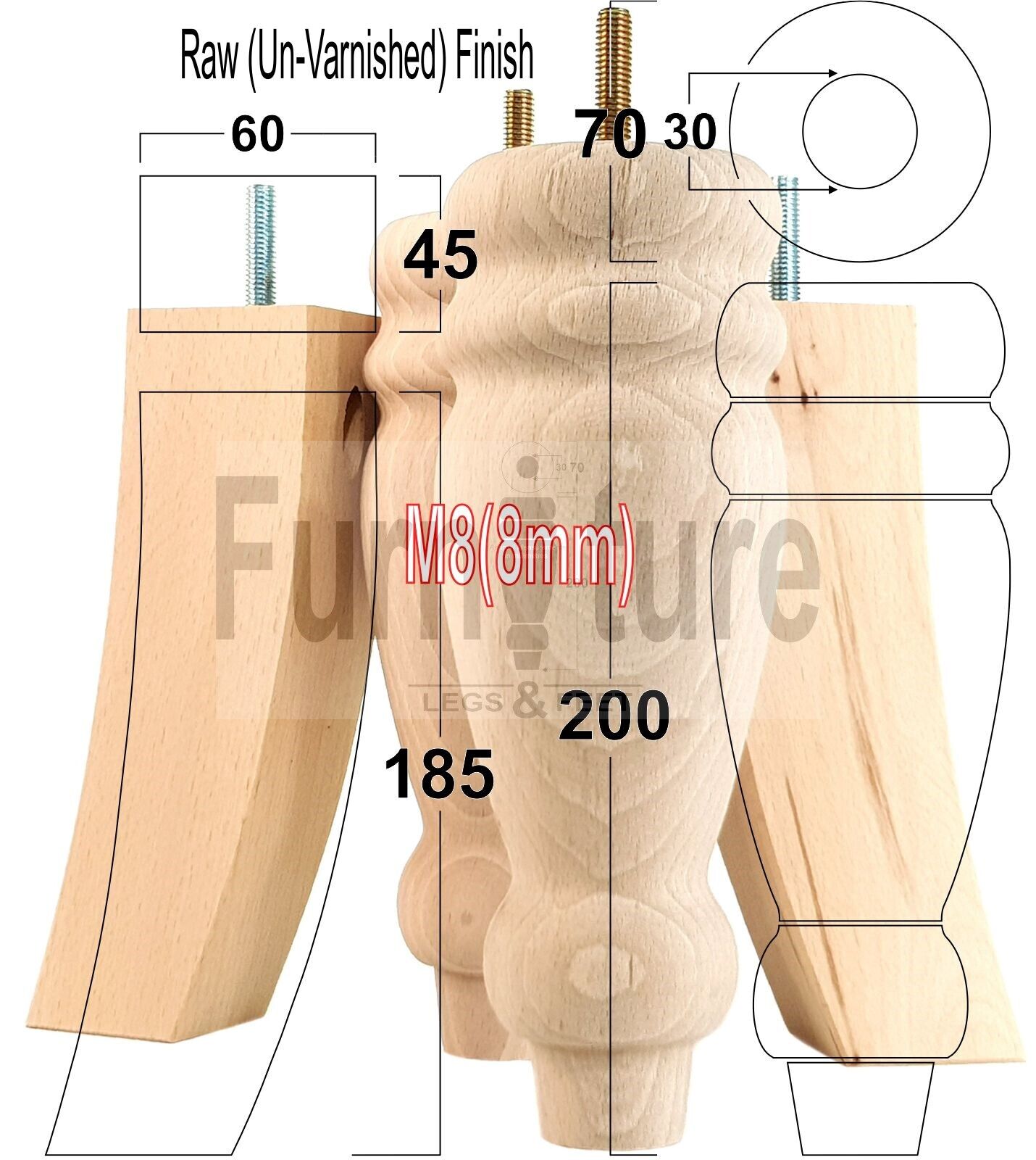 2 Traditional Turned Furniture Feet Replacement Sofa Legs 200mm & 2 Curved Back Legs 185mm for Chairs Stools Sofa Beds Settee Cabinets M8
