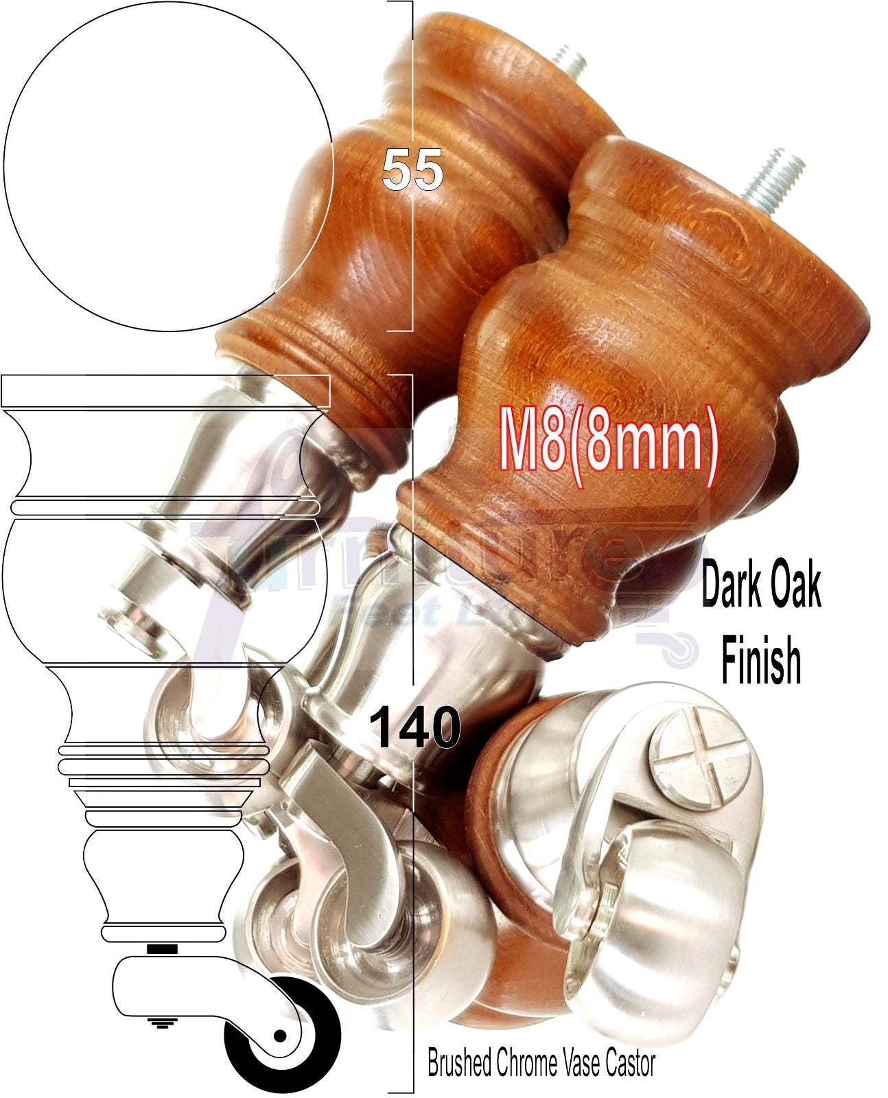 Set Of 4 Turned Wood Furniture Legs With 150mm High Castor 8mm Thread For Chairs Settees & Cabinets Dark Oak Finish
