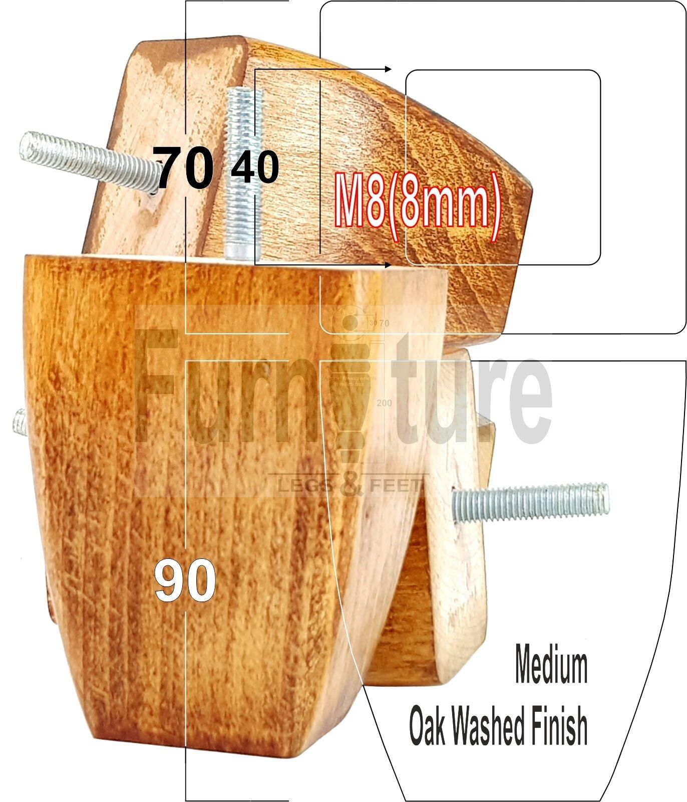 Set Of 4 Solid Wooden Block Furniture Feet Replacement Legs 90mm High M8(8mm)