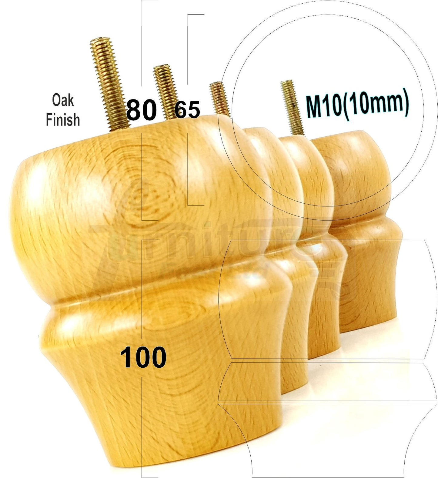 Set Of 4 Solid Wood Turned Furniture Legs Replacement Bun Feet 100mm High 10mm Thread