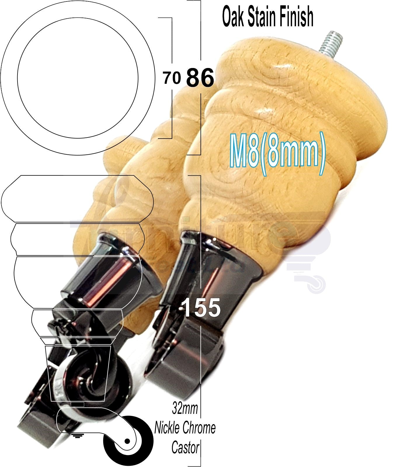 4 Turned Wood Furniture Feet With Black Chrome Castors 155mm Legs Sofas Chairs Stools Cabinets Beds M8 6 Inches