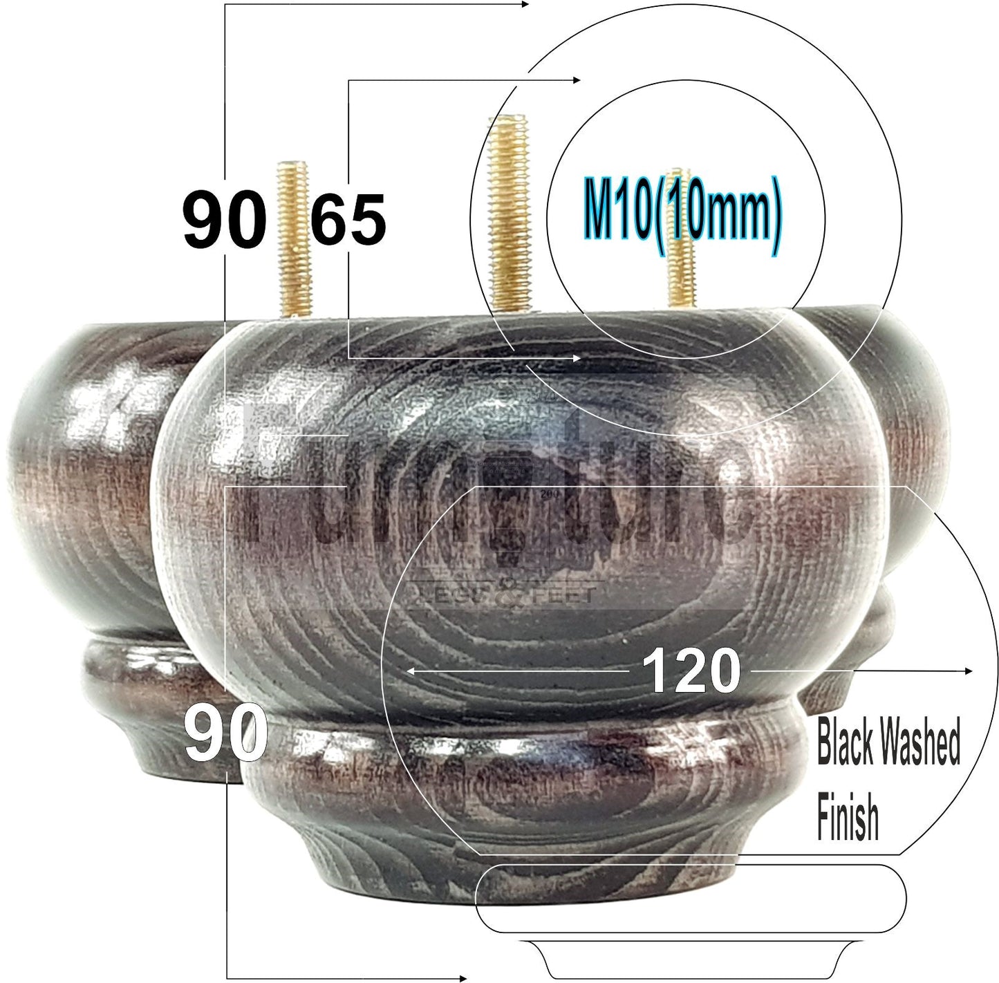 4 Turned Wooden Furniture Legs Replacement Feet 50mm High 10mm Thread For Settees, Chairs