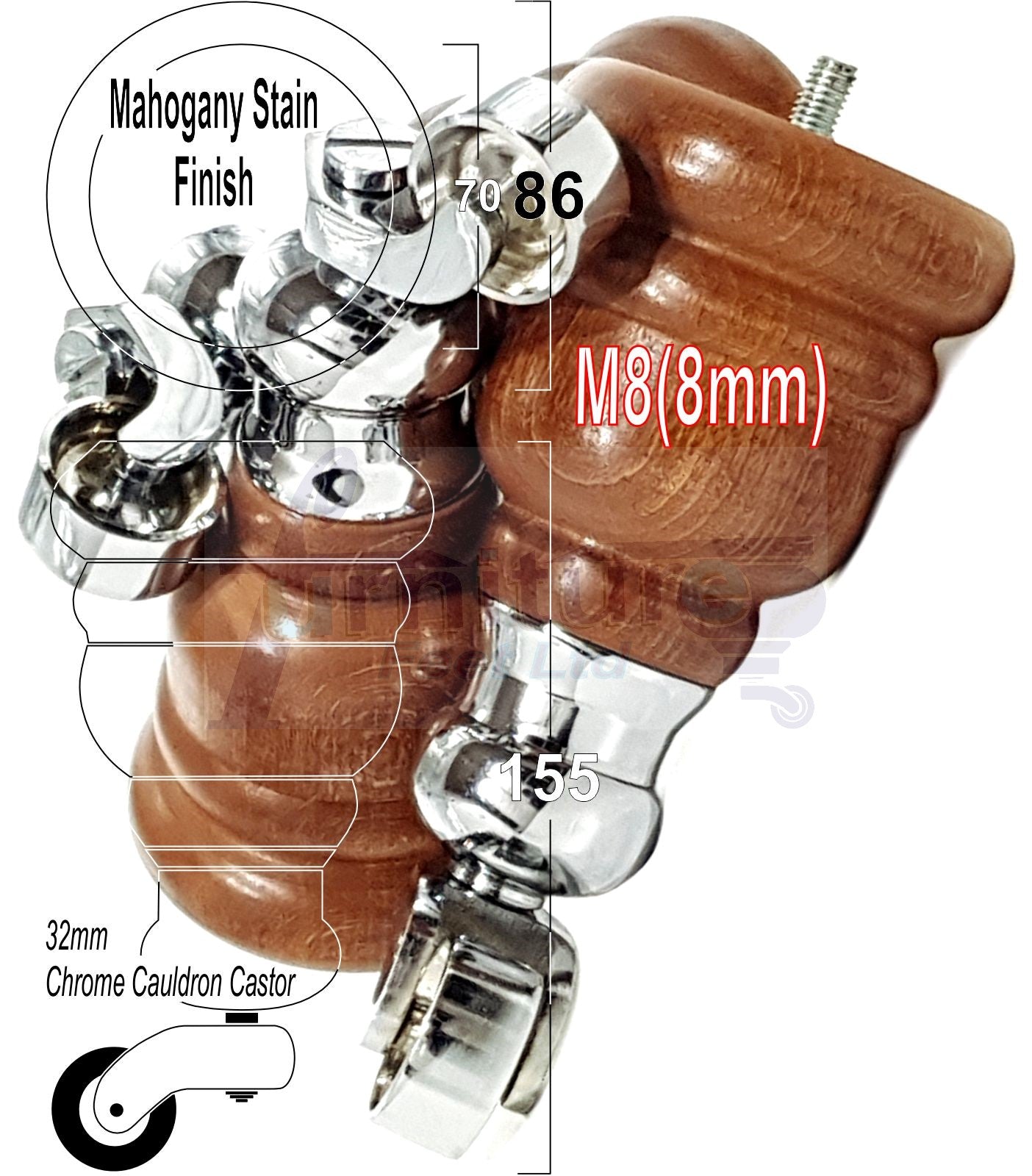 4 Turned Wood Furniture Feet With Chrome Cauldron Castors 155mm Legs Sofas Chairs Stools Cabinets Beds M8 6 Inches