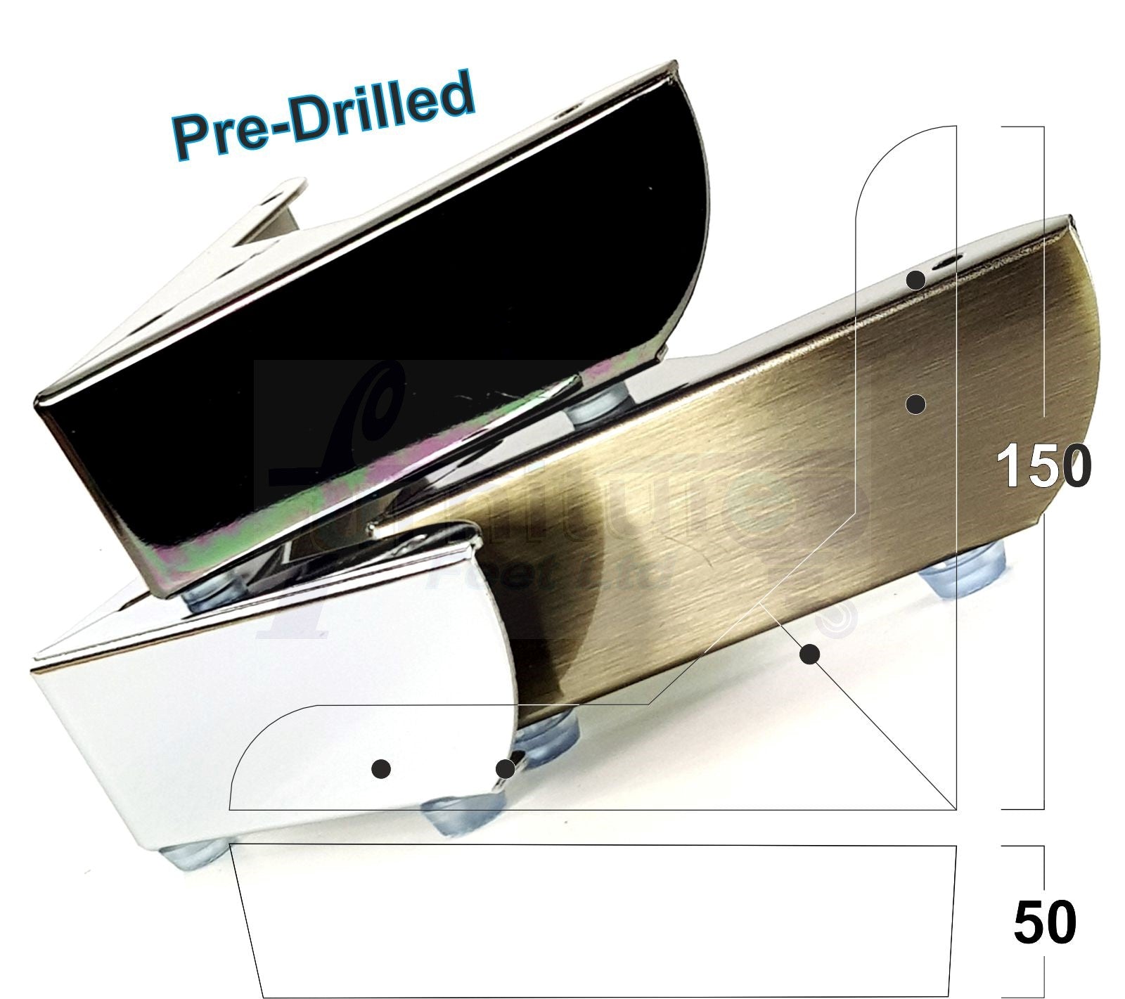 Metal Furniture Feet Chrome Replacement Corner Leg 50mm High Sofa Chairs Stools Beds Cabinets Pre-Drilled