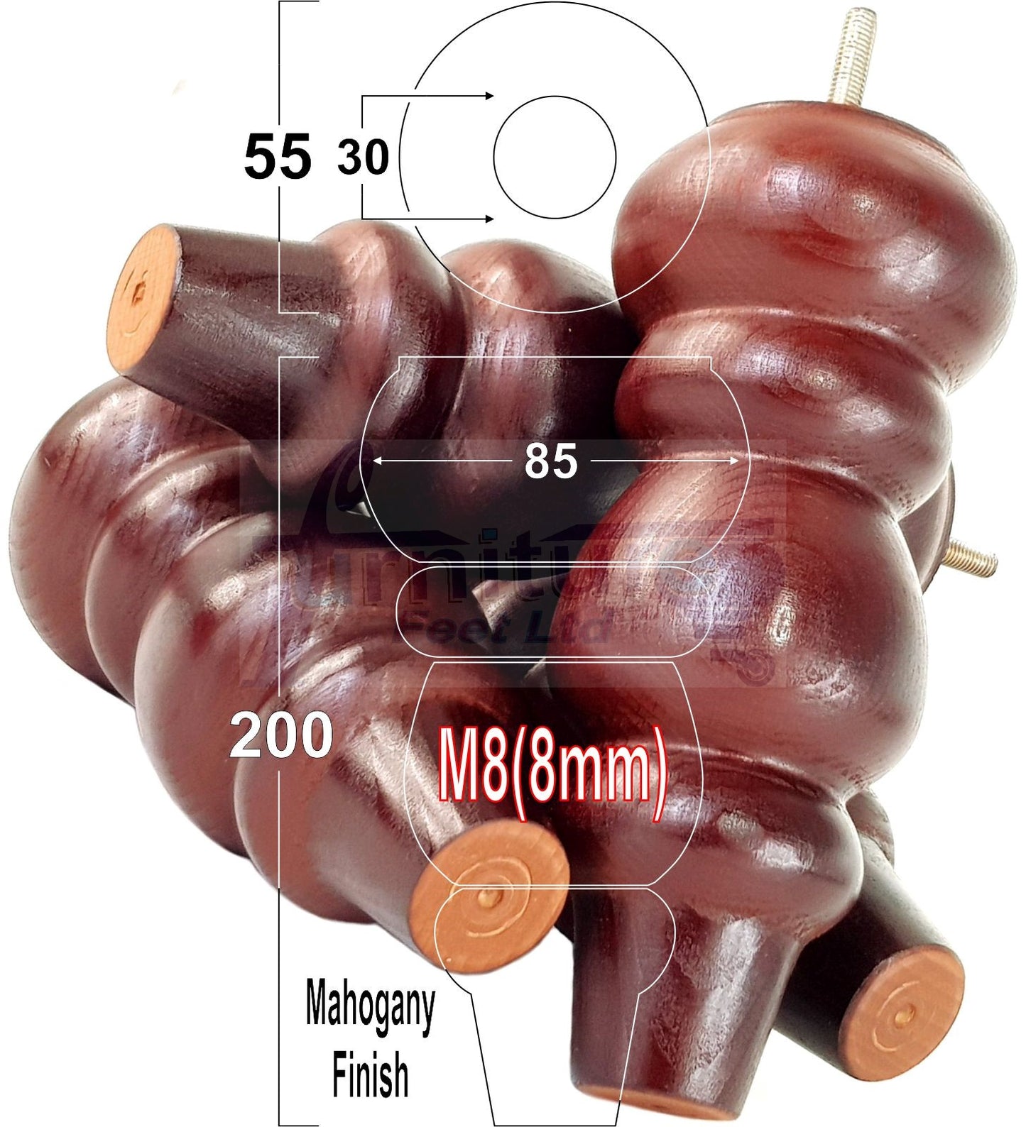 4 Solid Wood Furniture Legs Replacement Turned Feet 200mm High M8(8mm) Thread: Mahogany
