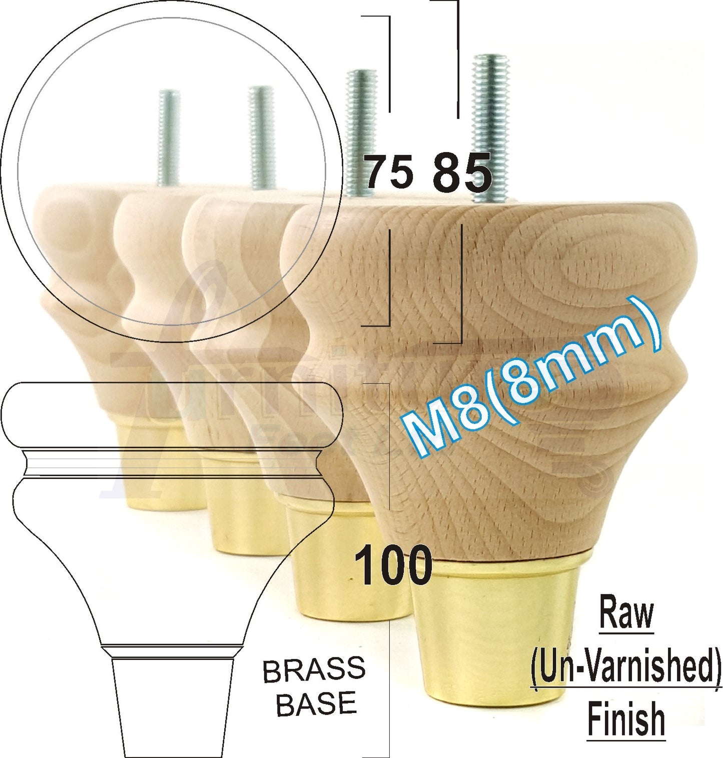4x Turned Wood Furniture Feet M8(8mm) With Slipper Cup Chair Sofa Settee Legs 110mm