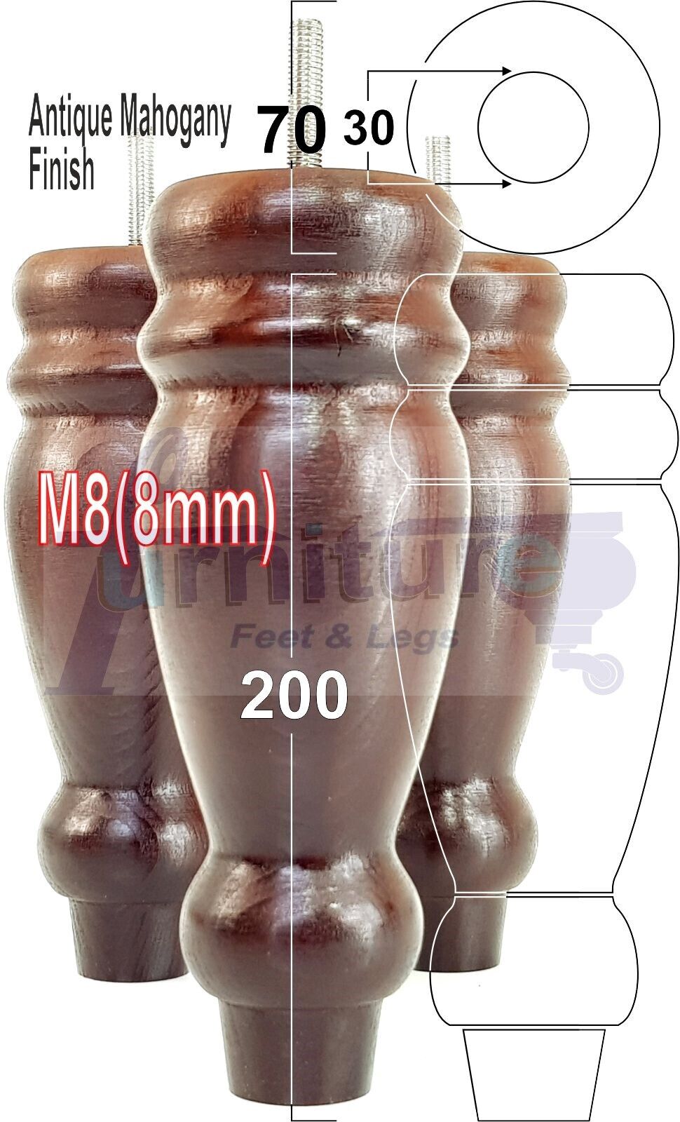 Set Of 4 Turned Furniture Legs Replacement Sofa Feet 200mm High M8 Thread