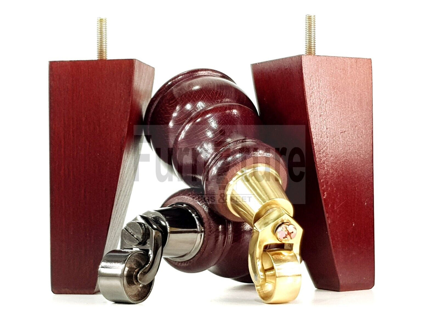 2 Wooden Castor Furniture Sofa Legs & 2 Curved Back Feet  Mahogany M8 Chair Settee Feet 160mm High