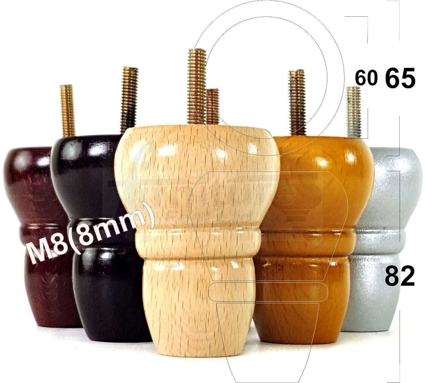4x Turned Wood Repacement Furniture Legs M8 Sofa Chair Settee Feet 82mm