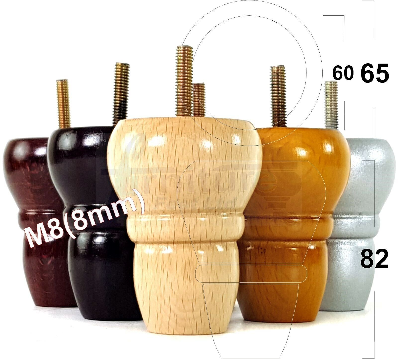 4x Turned Wood Repacement Furniture Legs M8 Sofa Chair Settee Feet 82mm