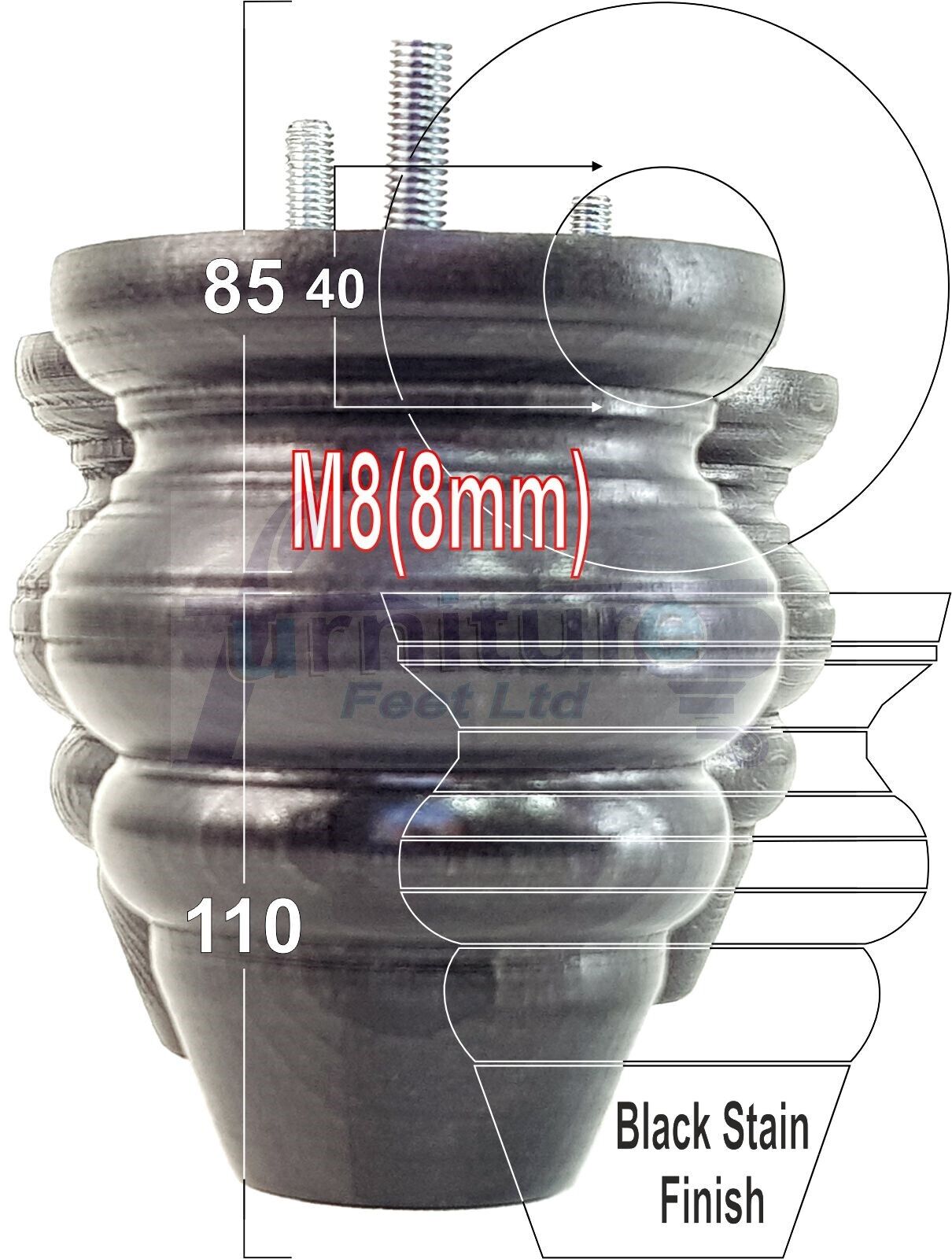 4x Turned Wood Furniture Legs Replacement Feet 110mm High Multiple Colours Chairs Stools Sofa's Beds Settee Cabinets M8