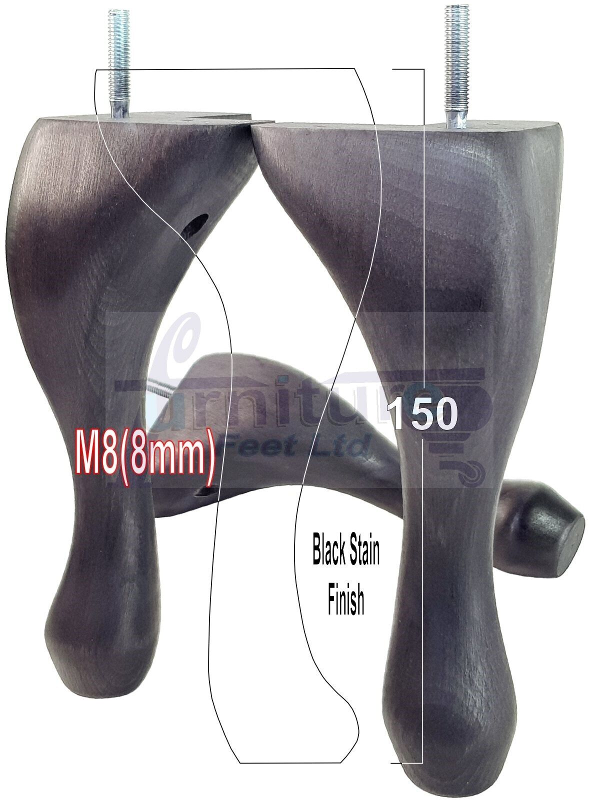 4 Solid Wood Furniture Feet 150mm High Queen Anne Replacement Legs M8 (8mm) 6 Inches Chair Stools Bed Sofa Georgian Style