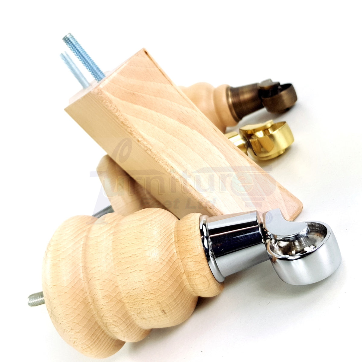 Turned Clear Wood Furniture Legs Replacement Feet 2 with Castors 155mm and 2 Curved Back Legs M8 6 Inches