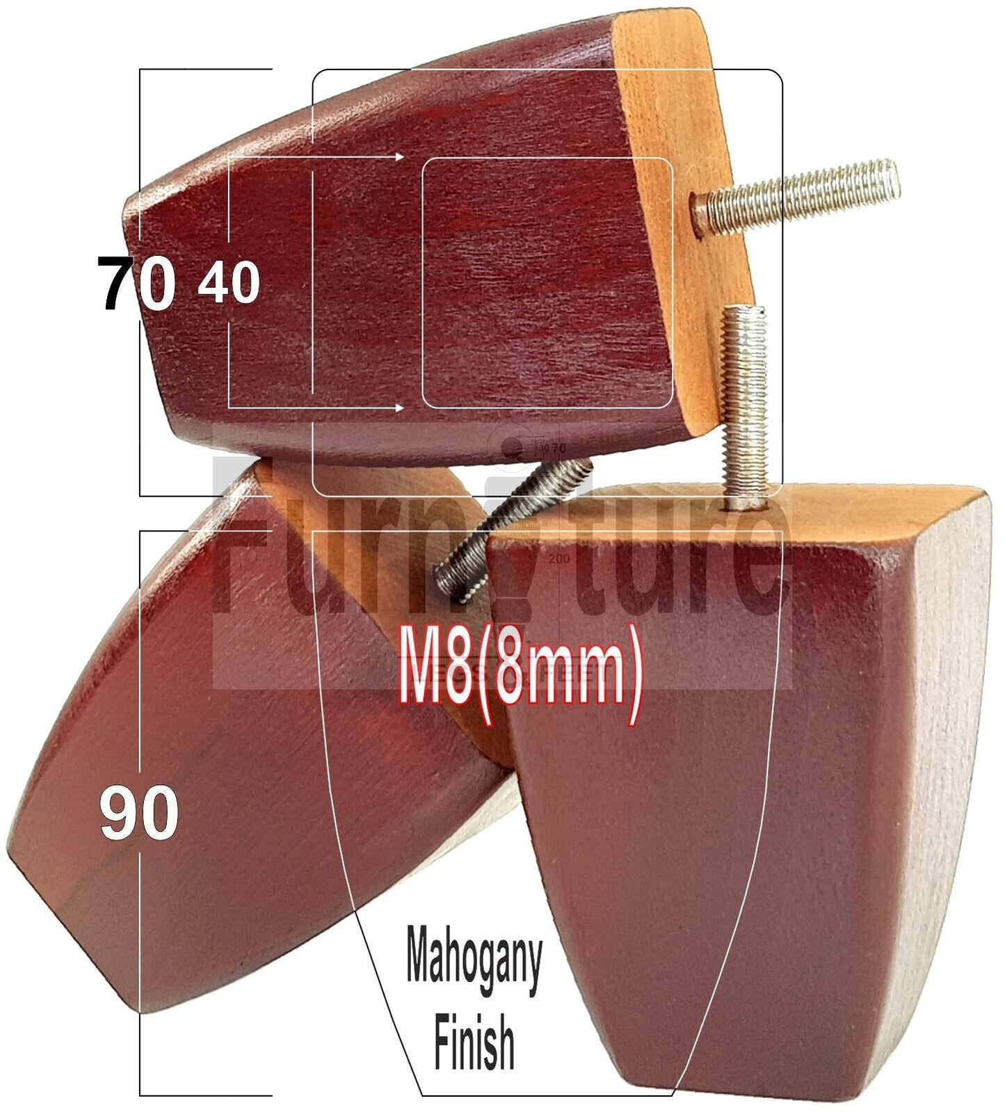Set Of 4 Solid Wooden Block Furniture Feet Replacement Legs 90mm High M8(8mm)